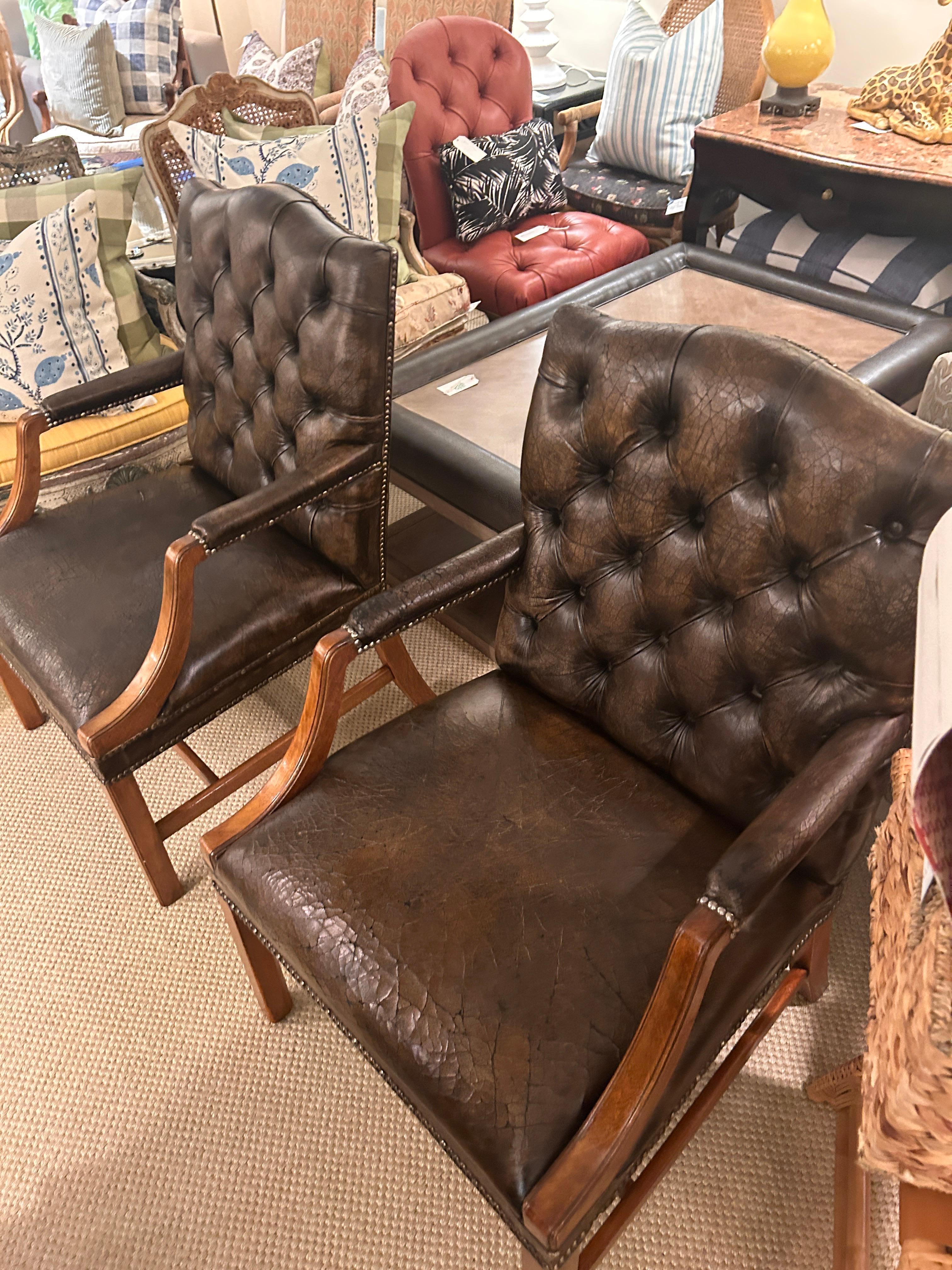20th Century Pair of Vintage Georgian Patinated Leather Tufted Arm Chairs For Sale