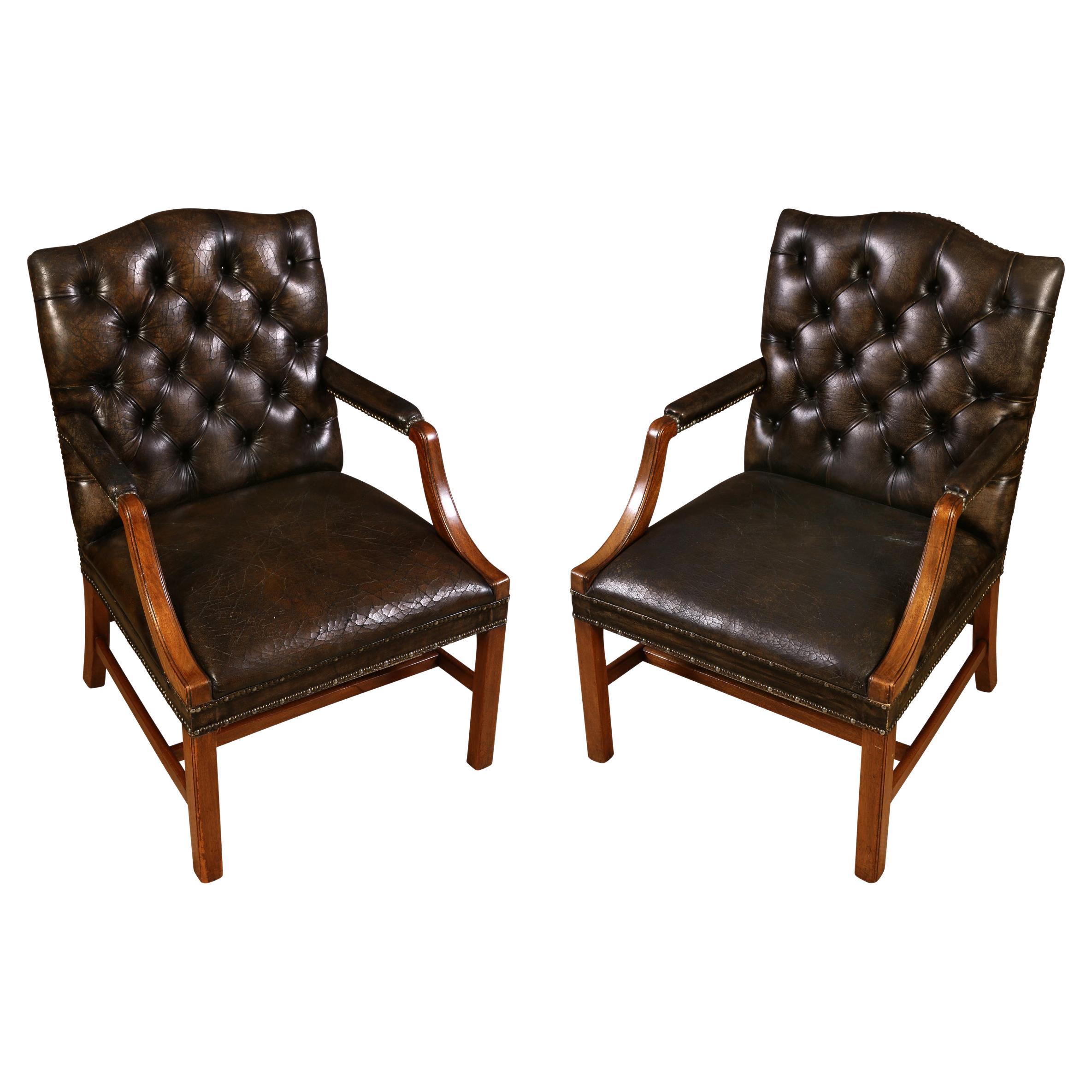 Pair of Vintage Georgian Patinated Leather Tufted Arm Chairs For Sale