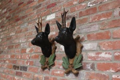 Pair of Vintage German Carved Black Forest Mounted Deer Wall Sculptures
