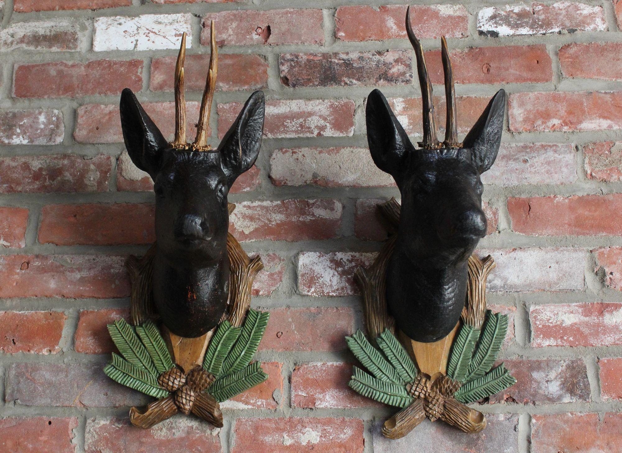 Pair of Vintage German Carved Black Forest Mounted Deer Wall Sculptures For Sale 1