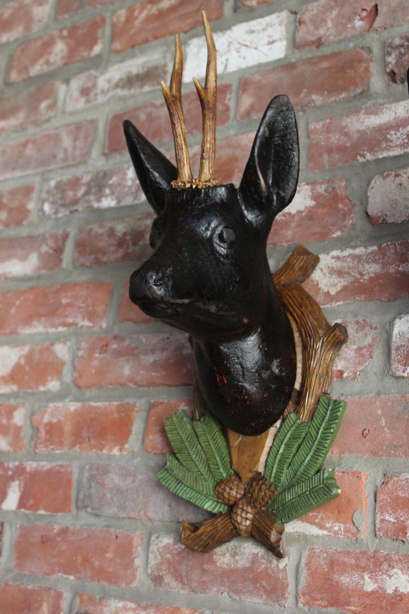 Pair of Vintage German Carved Black Forest Mounted Deer Wall Sculptures For Sale 2