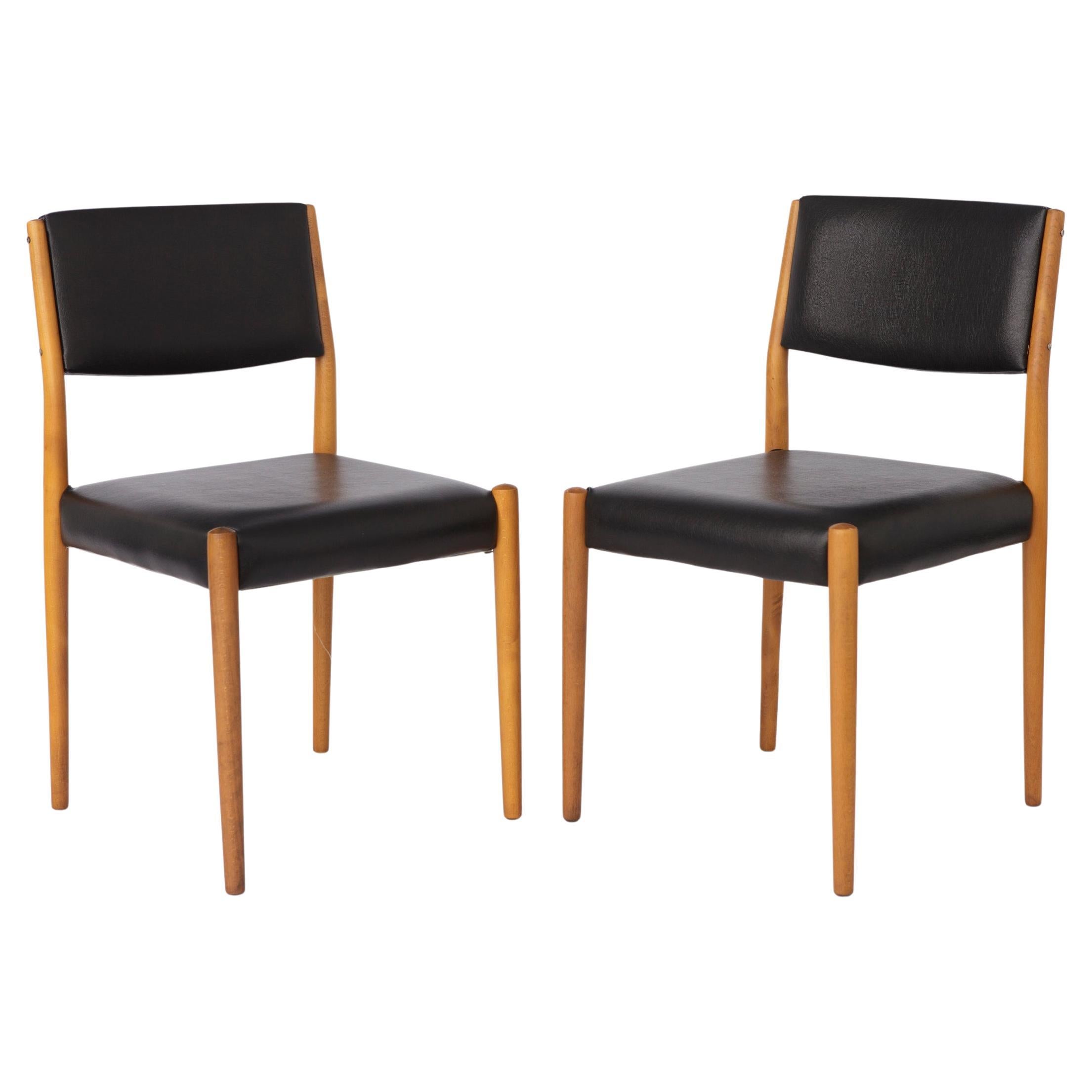 Pair of Vintage German Chairs, 1960s–1970s, Beechwood, Black Faux Leather