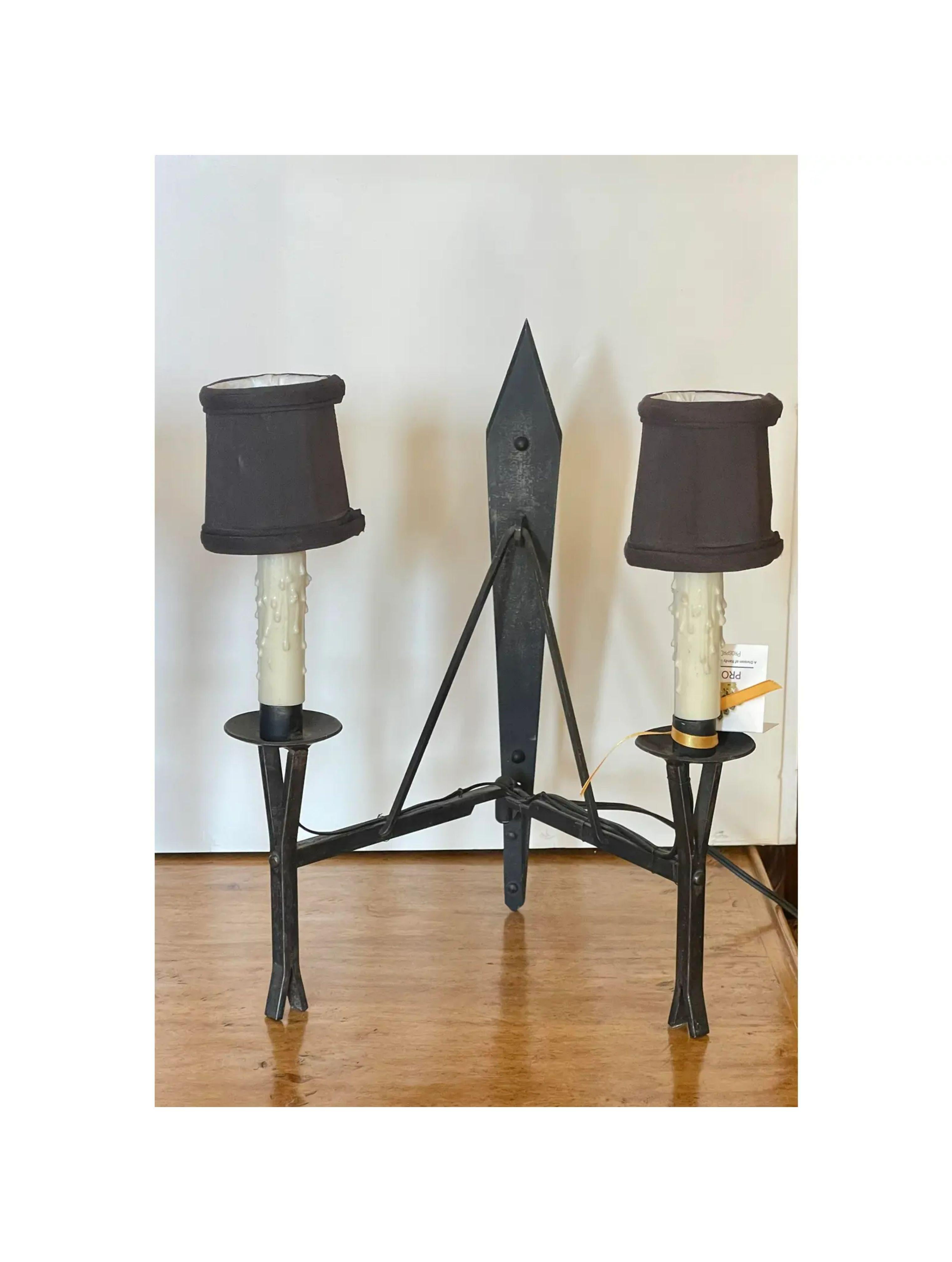 Vintage Giacometti style wrought iron wall light sconces - a pair

Additional information: 
Materials: lights, wrought iron
Color: Black
Styled After: Alberto & Diego Giacometti
Period: Mid 20th Century
Styles: Modern
Lamp Shade: