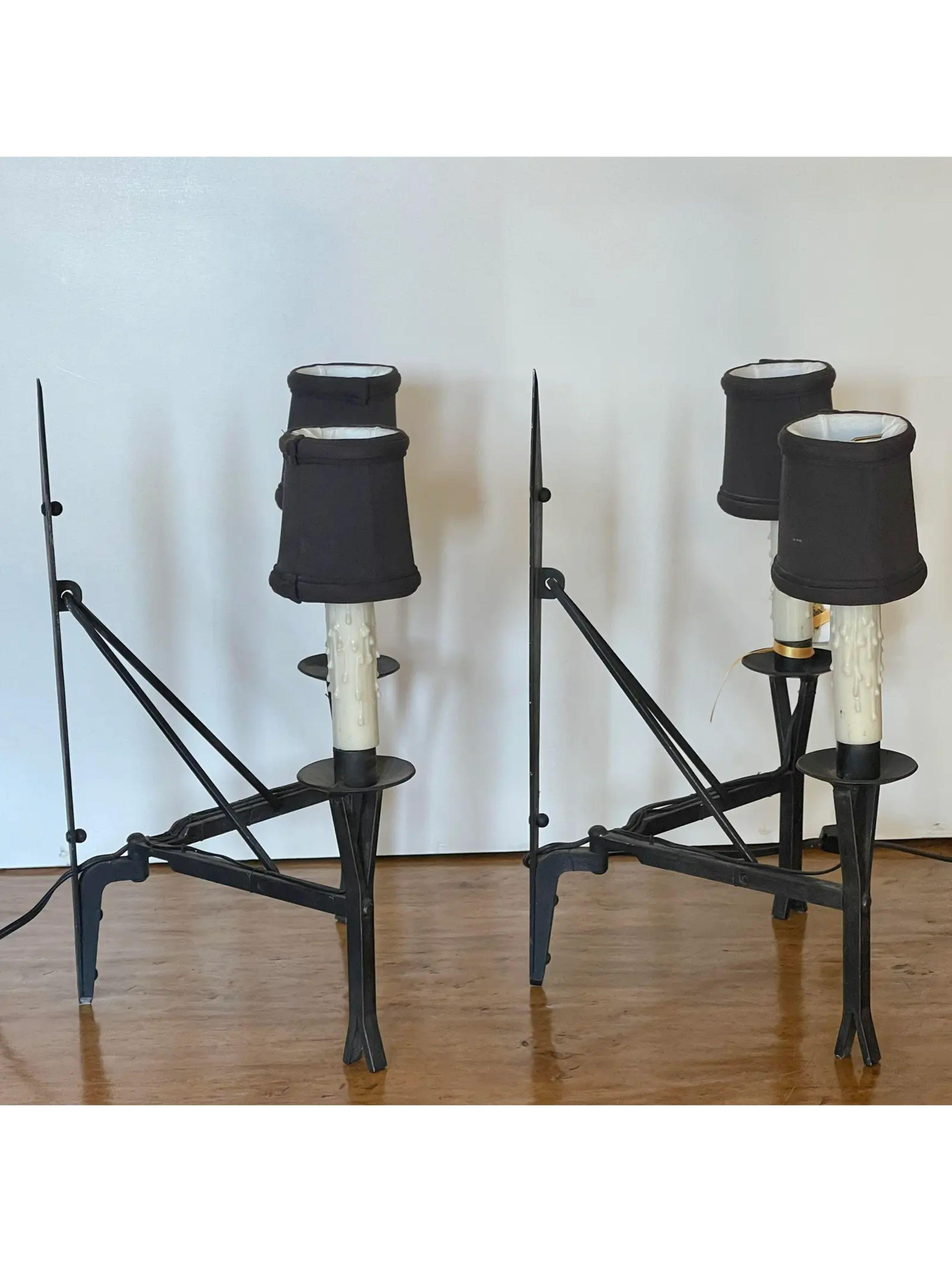 Pair of Vintage Giacometti Style Wrought Iron Wall Light Sconces In Good Condition For Sale In LOS ANGELES, CA