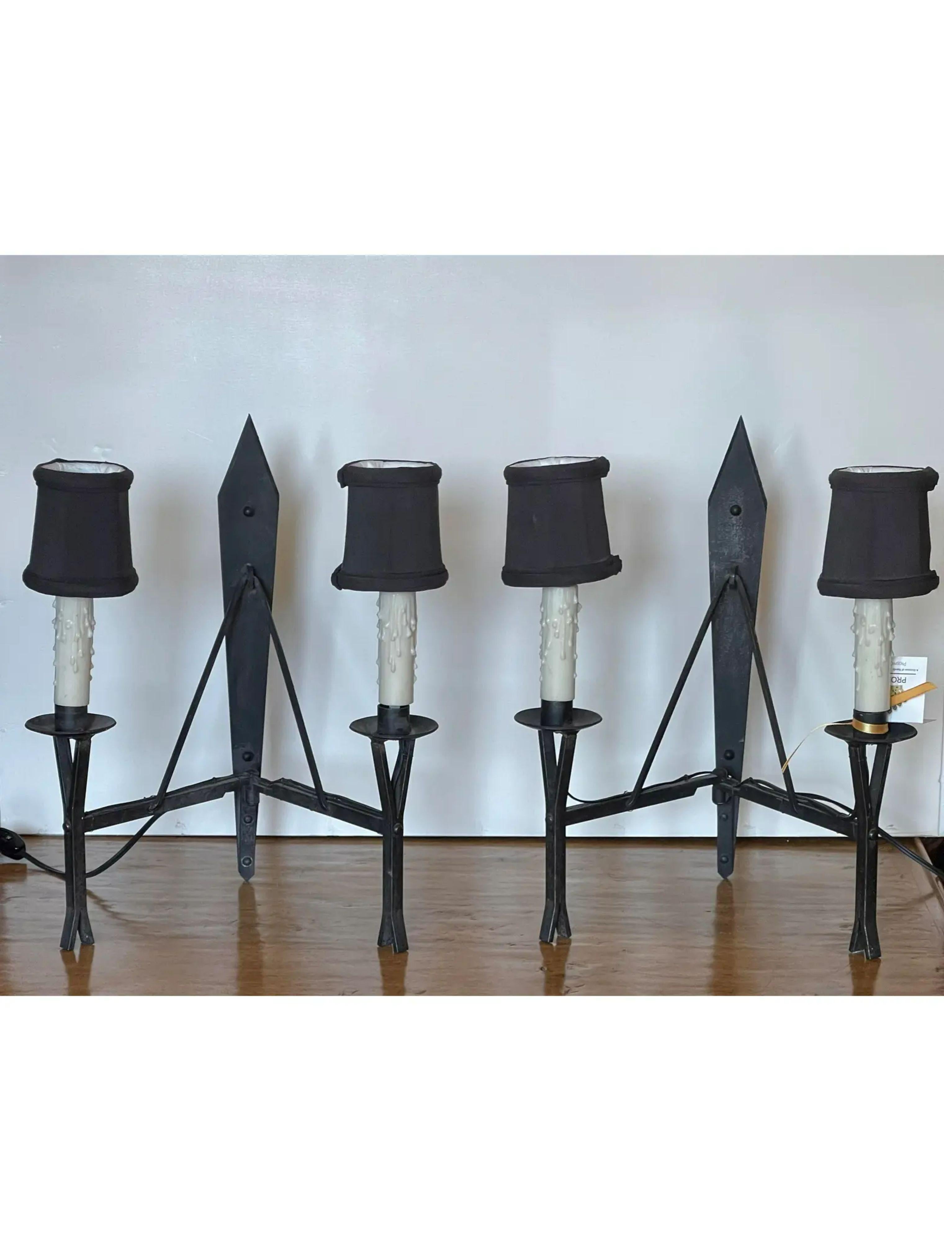20th Century Pair of Vintage Giacometti Style Wrought Iron Wall Light Sconces For Sale