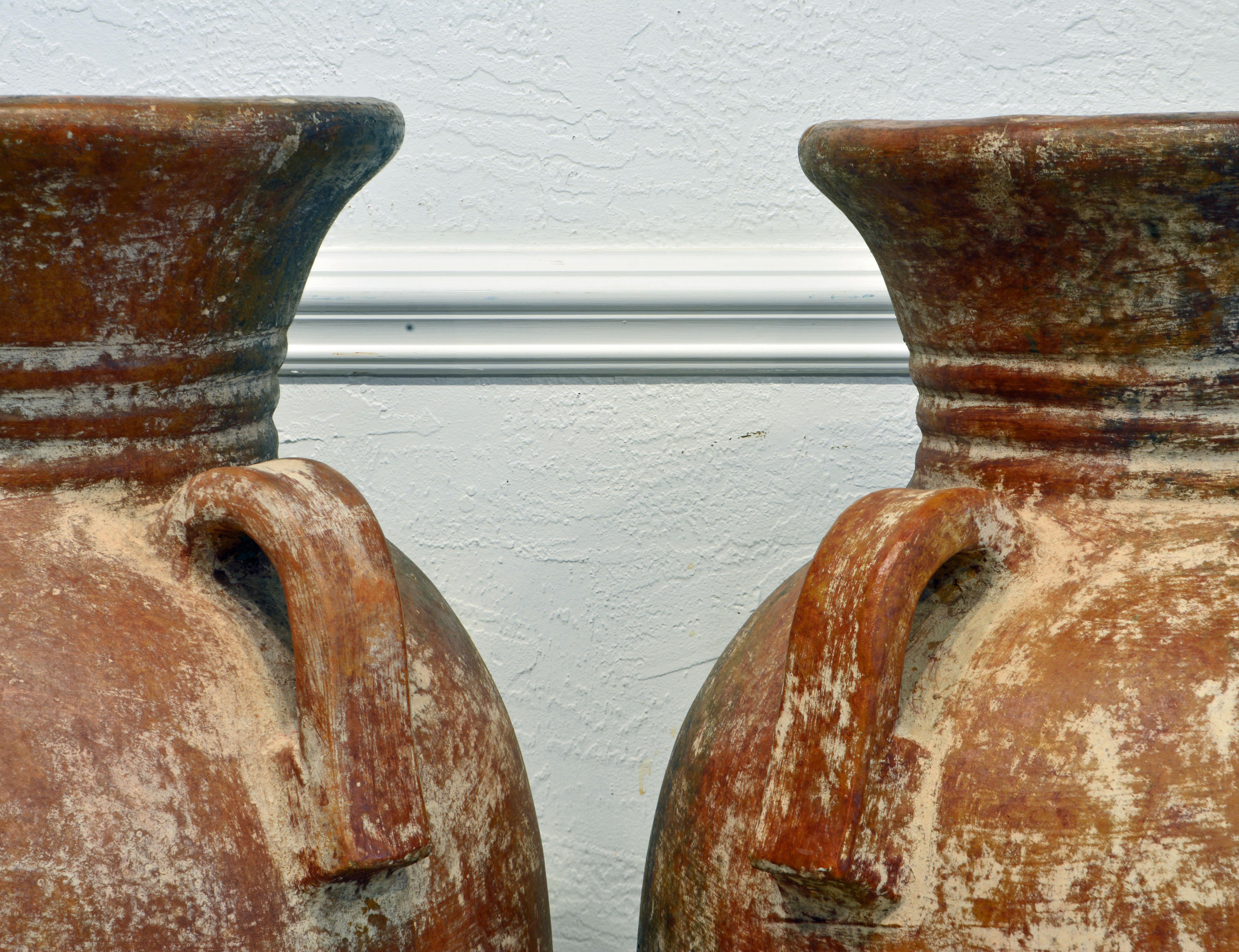 European Pair of Vintage Giant Mediterranean Terracotta Olive Jars with Handles