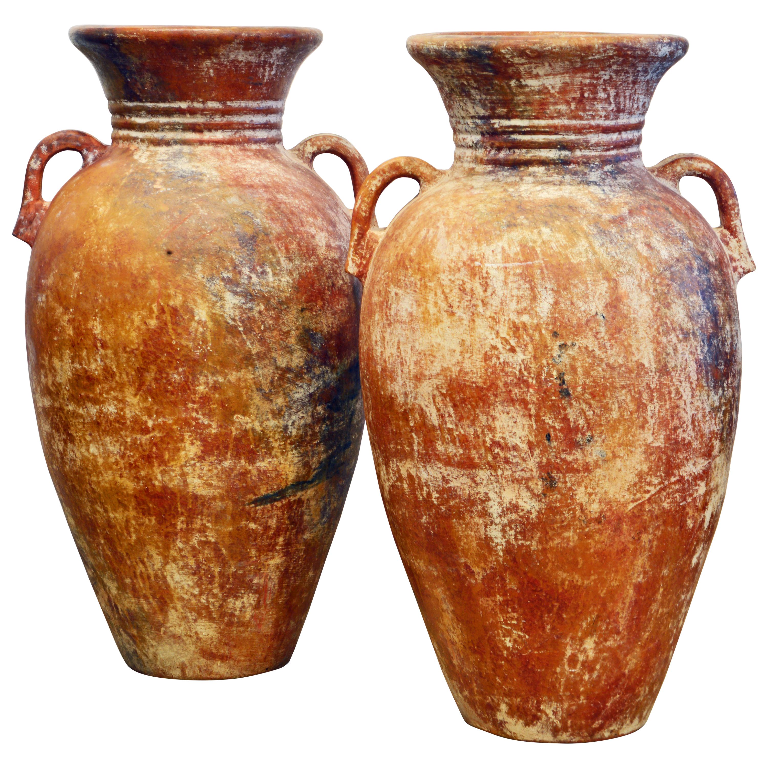 Pair of Vintage Giant Mediterranean Terracotta Olive Jars with Handles