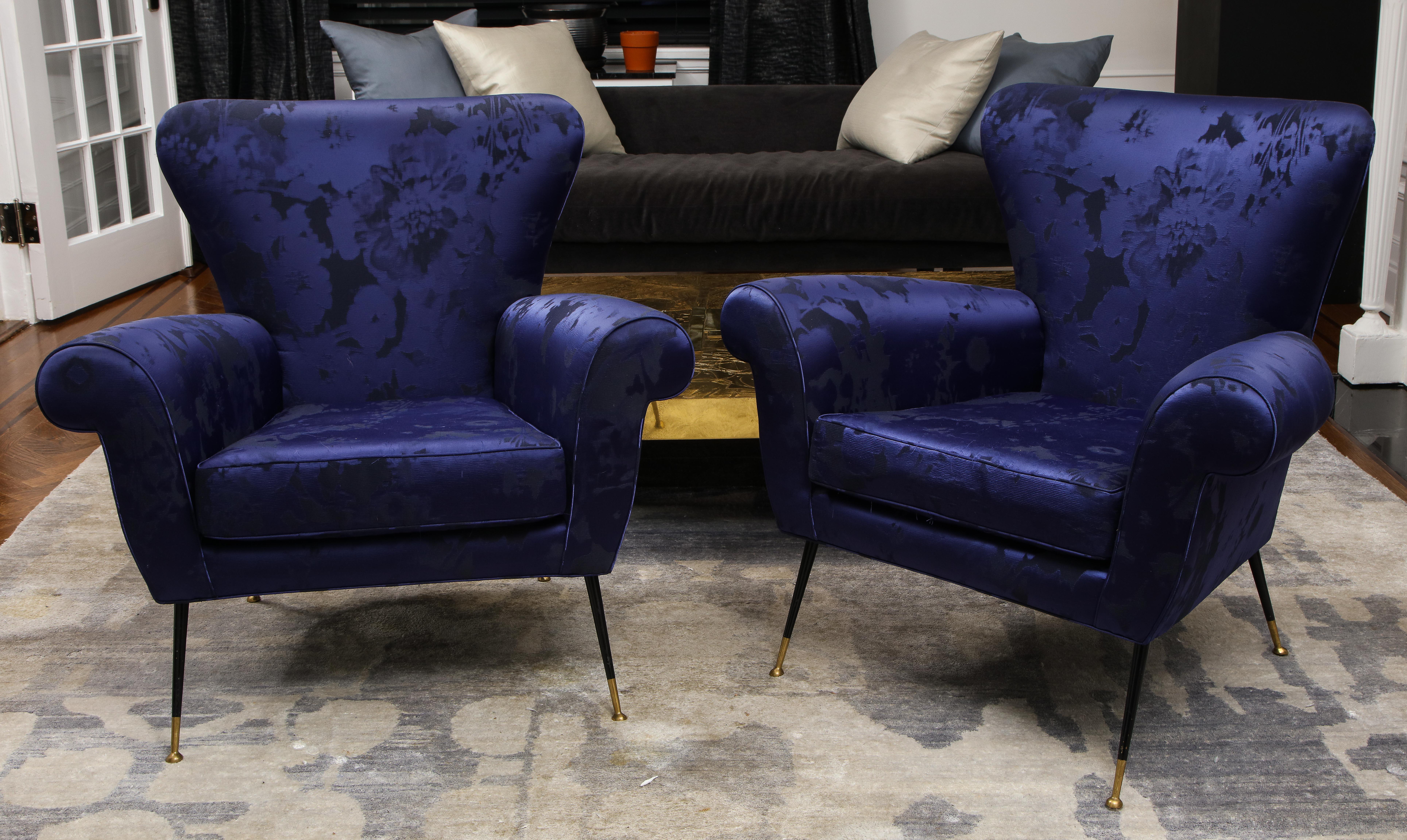 Pair of 1960s Gigi Radice Italian armchairs available for immediate purchase. The chairs are upholstered in ultramarine fabric in 2016. Minor wear and blemishes show on upholstery that are consistent with age and use but overall in good condition.