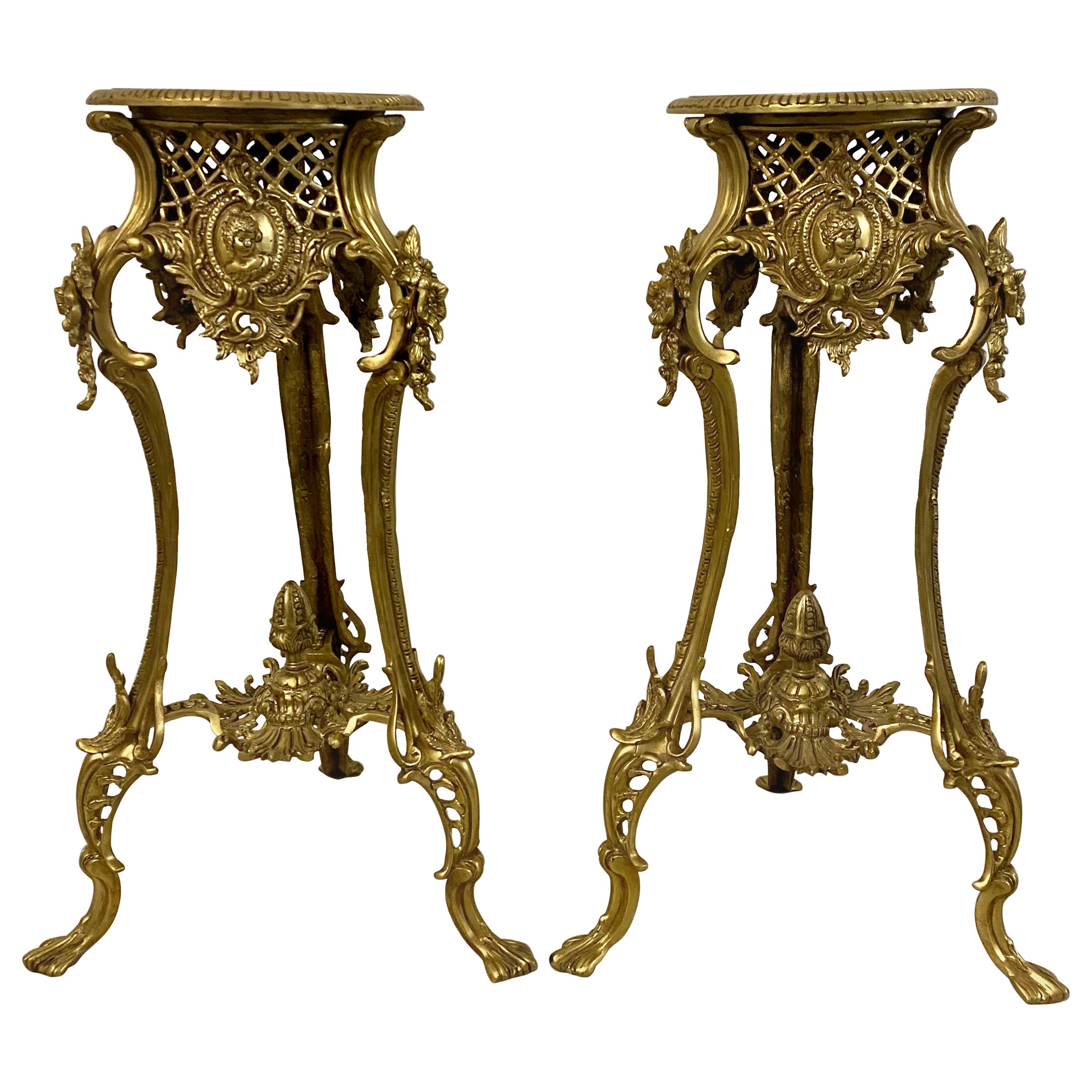 Pair of Vintage Gilded Bronze Stands with Inlay, circa 1940