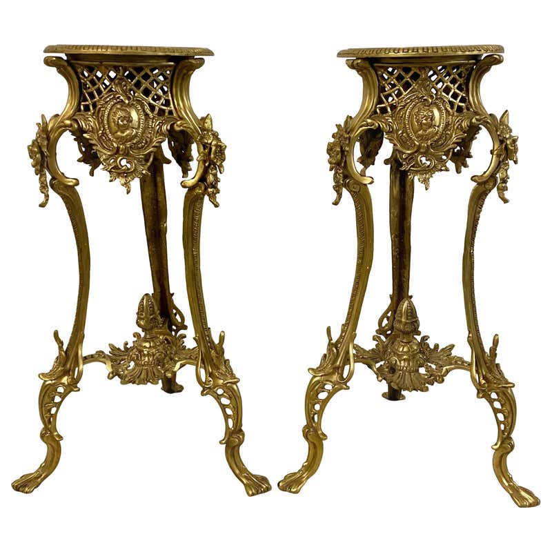 Pair of Vintage Gilded Bronze Side Tables with Inlay, circa 1940 For ...
