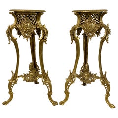Pair of Vintage Gilded Bronze Side Tables with Inlay, circa 1940