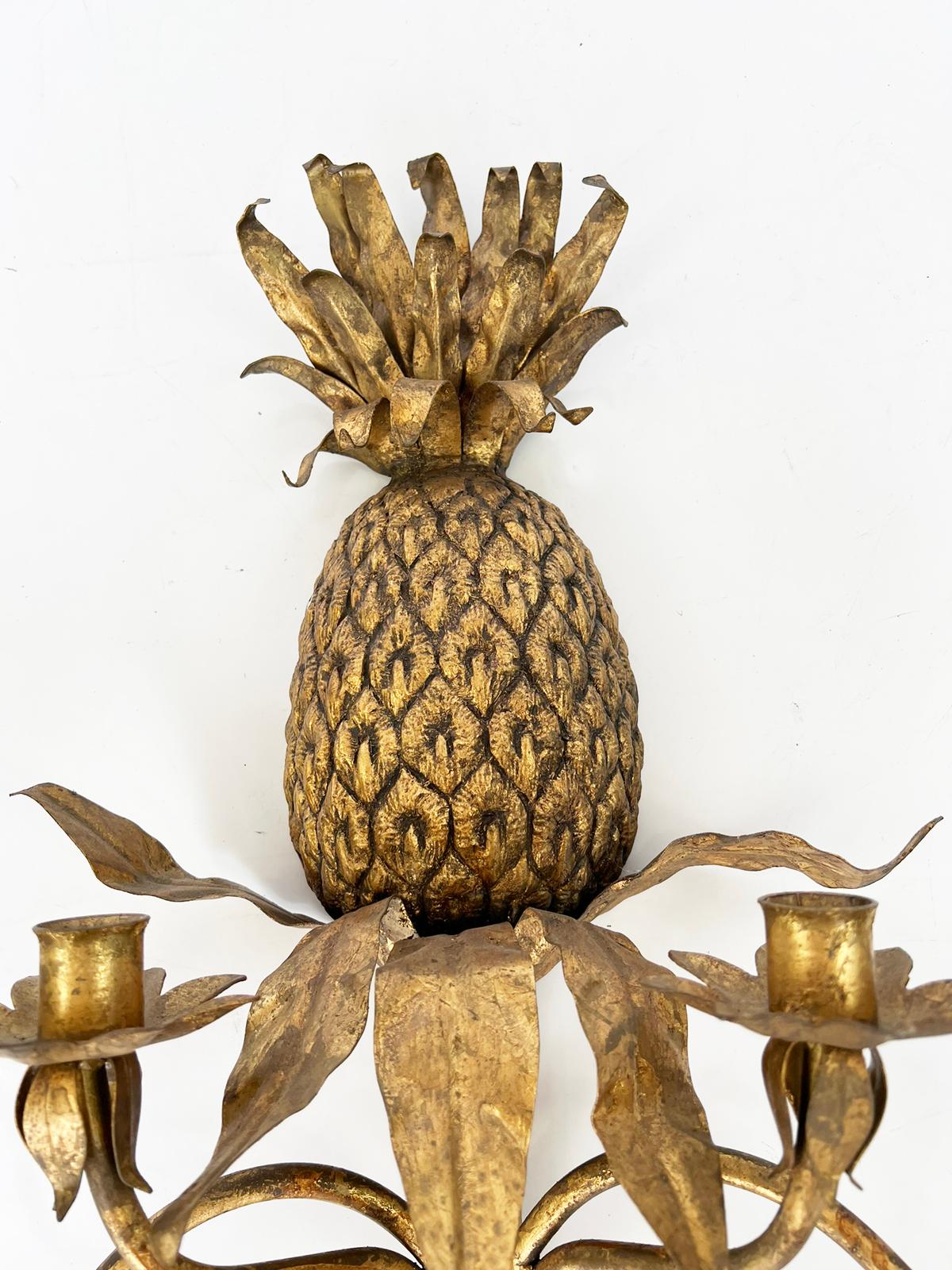 Hollywood Regency Pair of Vintage Gilded Iron Pineapple Form, Four-light Wall Sconces For Sale