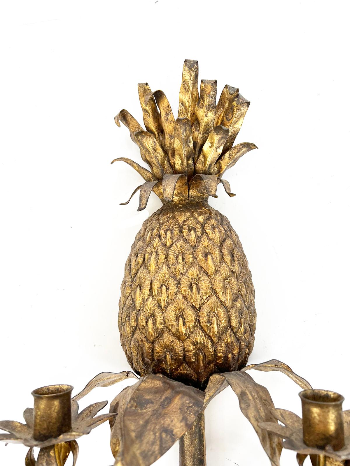 Gilt Pair of Vintage Gilded Iron Pineapple Form, Four-light Wall Sconces For Sale
