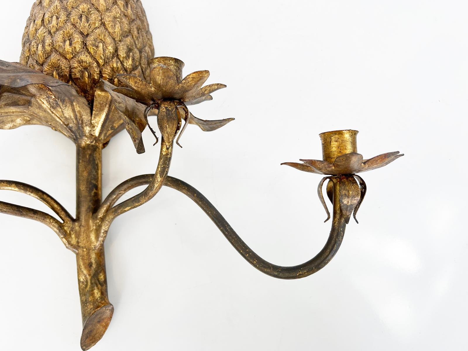 Pair of Vintage Gilded Iron Pineapple Form, Four-light Wall Sconces In Good Condition For Sale In West Palm Beach, FL