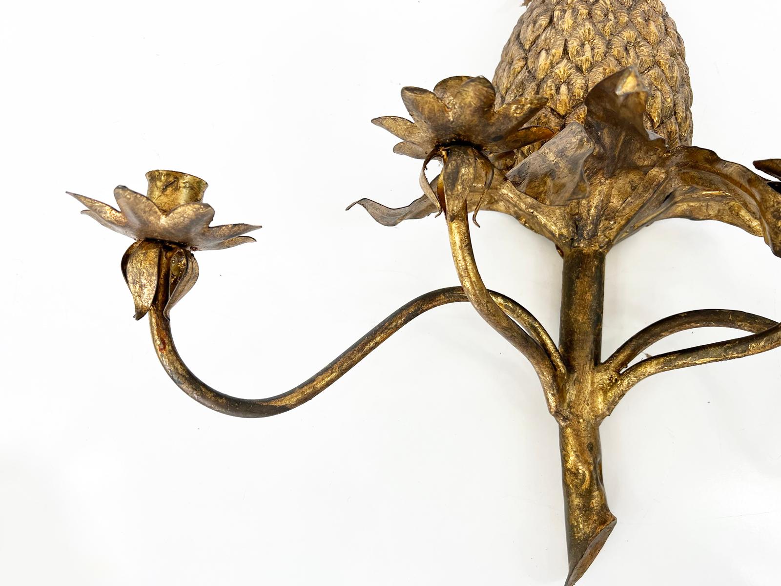 Mid-20th Century Pair of Vintage Gilded Iron Pineapple Form, Four-light Wall Sconces For Sale