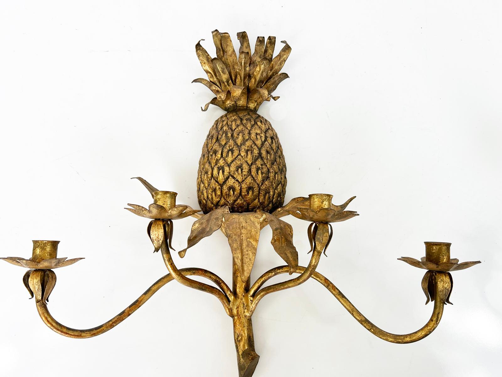 Metal Pair of Vintage Gilded Iron Pineapple Form, Four-light Wall Sconces For Sale