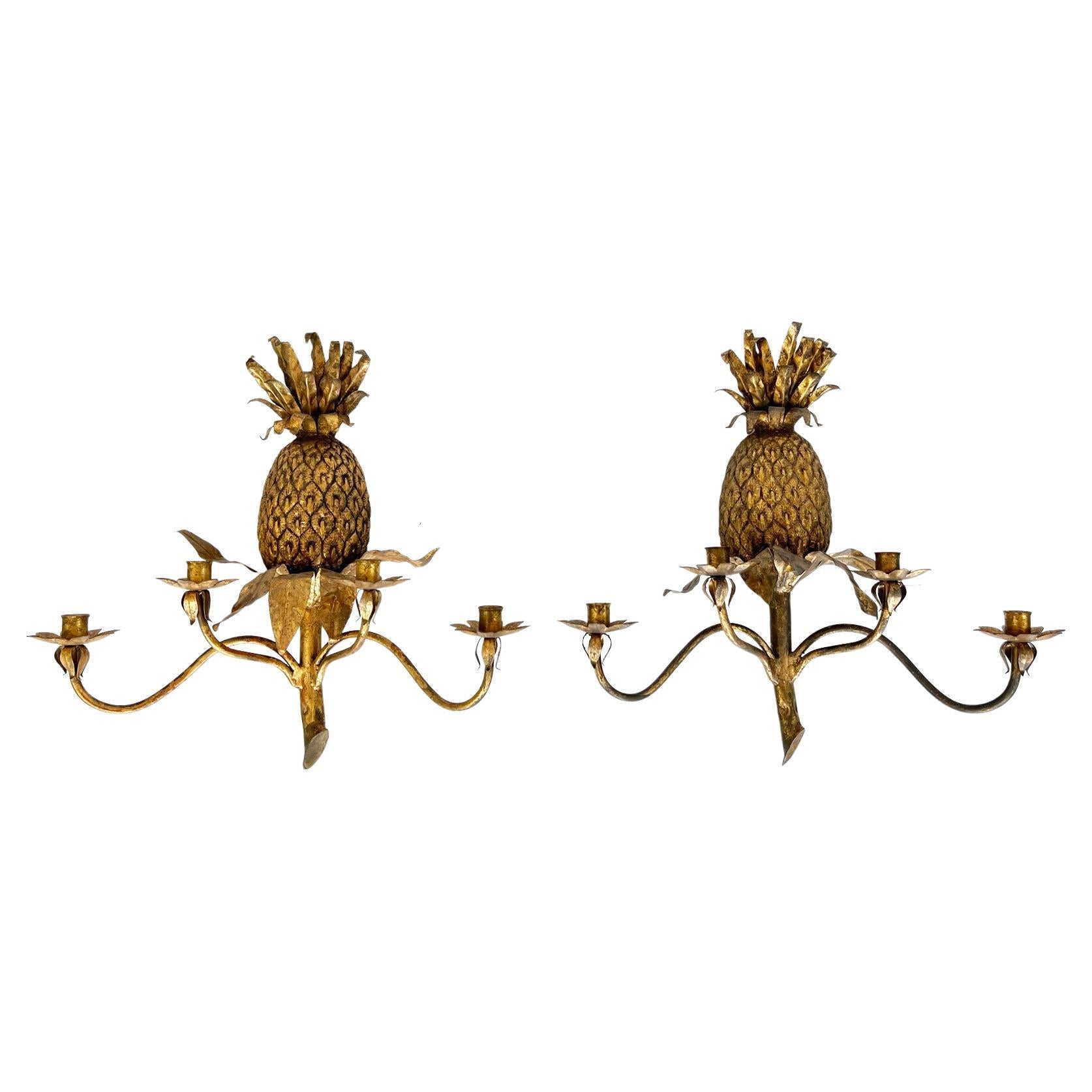 Pair of Vintage Gilded Iron Pineapple Form, Four-light Wall Sconces For Sale