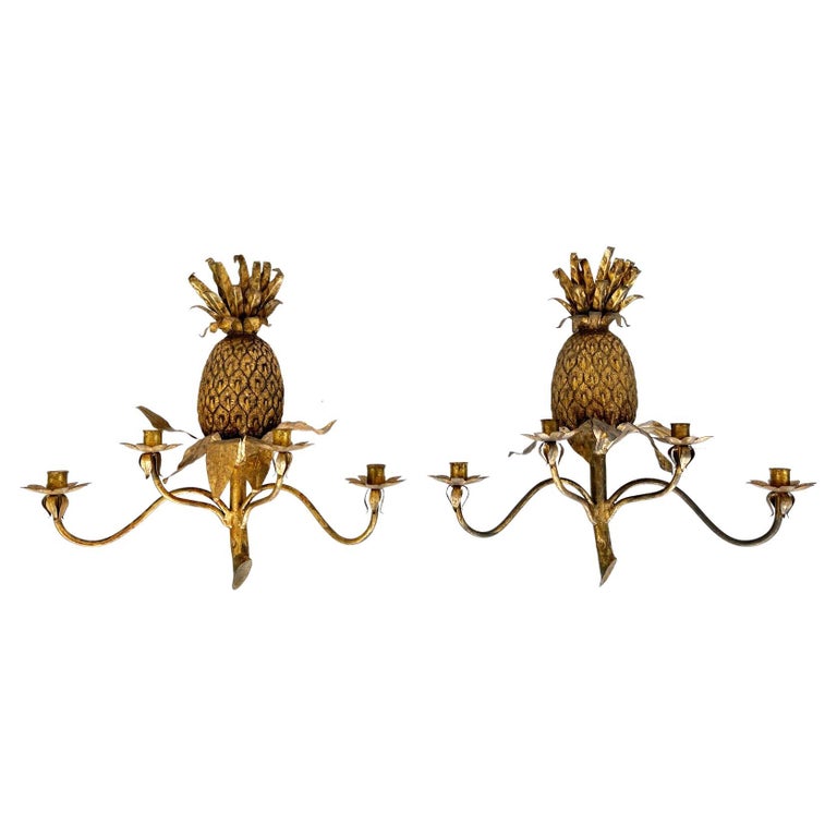 Pair of Vintage Gilded Iron Pineapple Form, Four-light Wall Sconces For ...