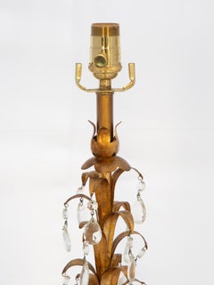 Pair of Vintage Gilded Tole Palm Frond Lamps with Crystal Accents