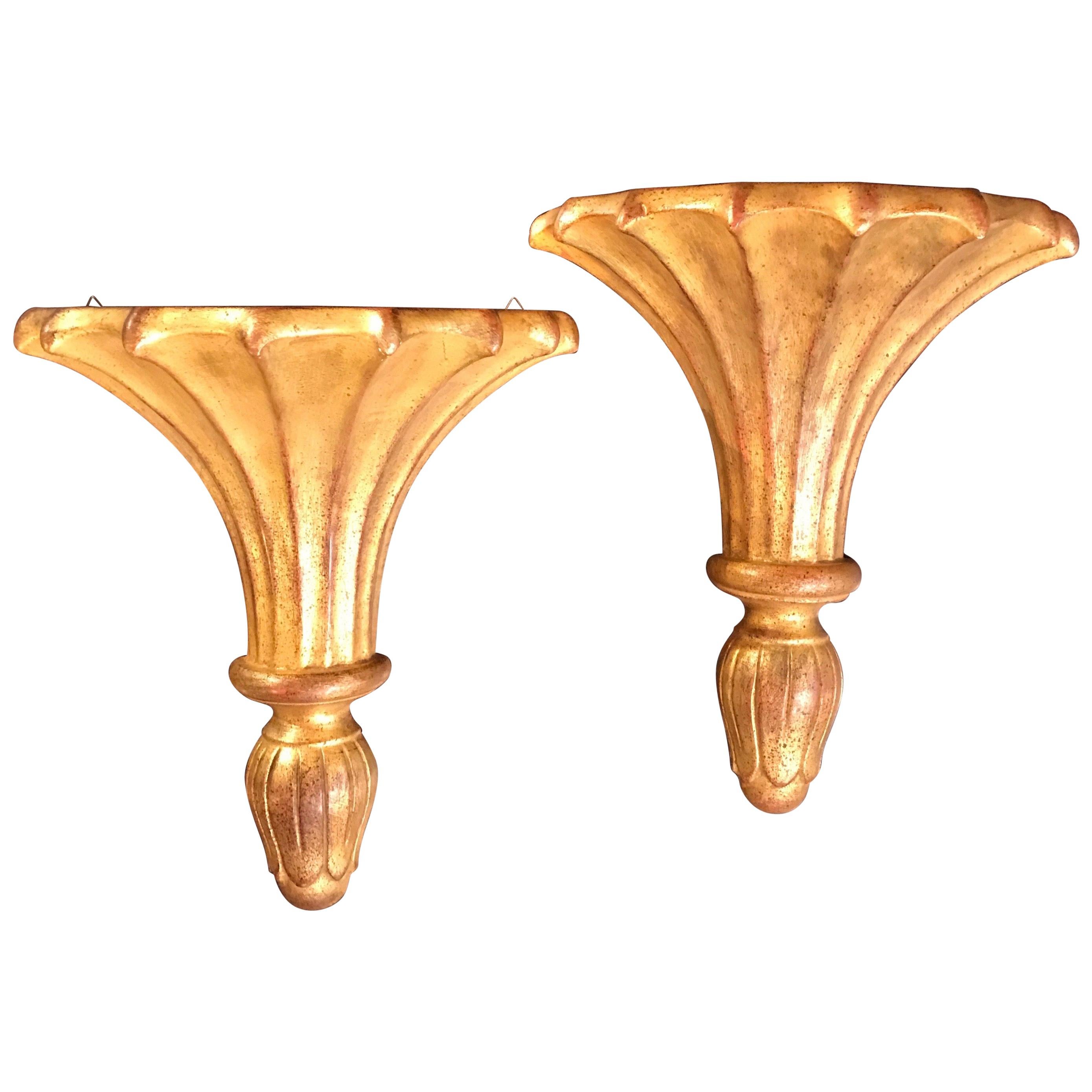 Pair of Vintage Gilded Wood Italian Wall Brackets For Sale