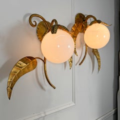 Pair of Vintage Gilt Iron and Glass Globe Spanish Wall Lights