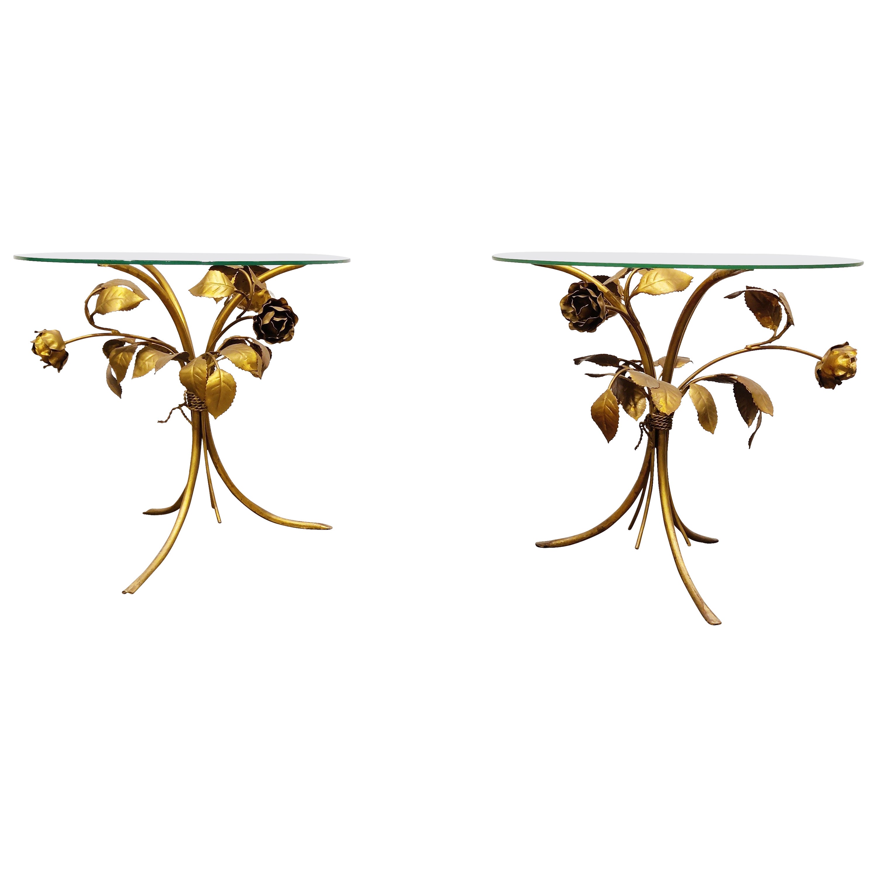 Pair of Vintage Gilt Metal Flower Side Tables, 1960s