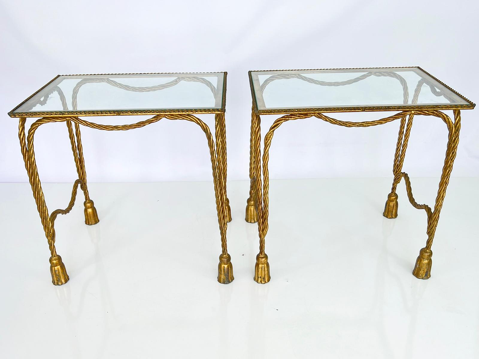 Pair of Vintage Gilt Metal Rope and Tassel End Tables In Good Condition For Sale In West Palm Beach, FL
