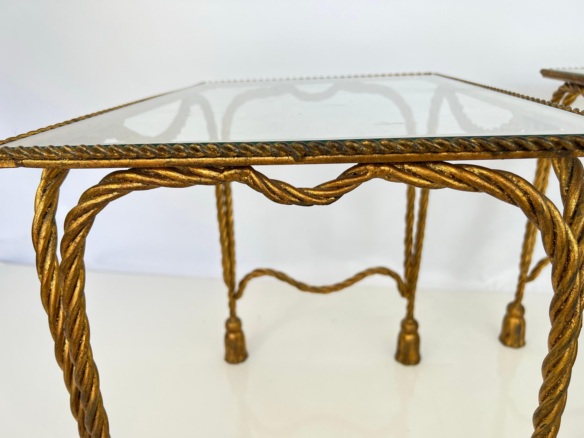 Mid-20th Century Pair of Vintage Gilt Metal Rope and Tassel End Tables For Sale