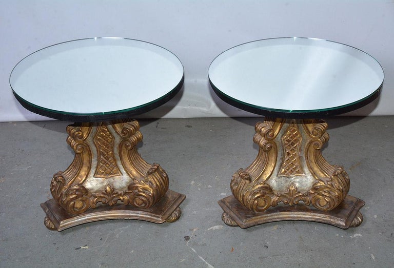 Pair of Vintage Gilt Pedestal Table Bases With Mirrored Top For Sale at