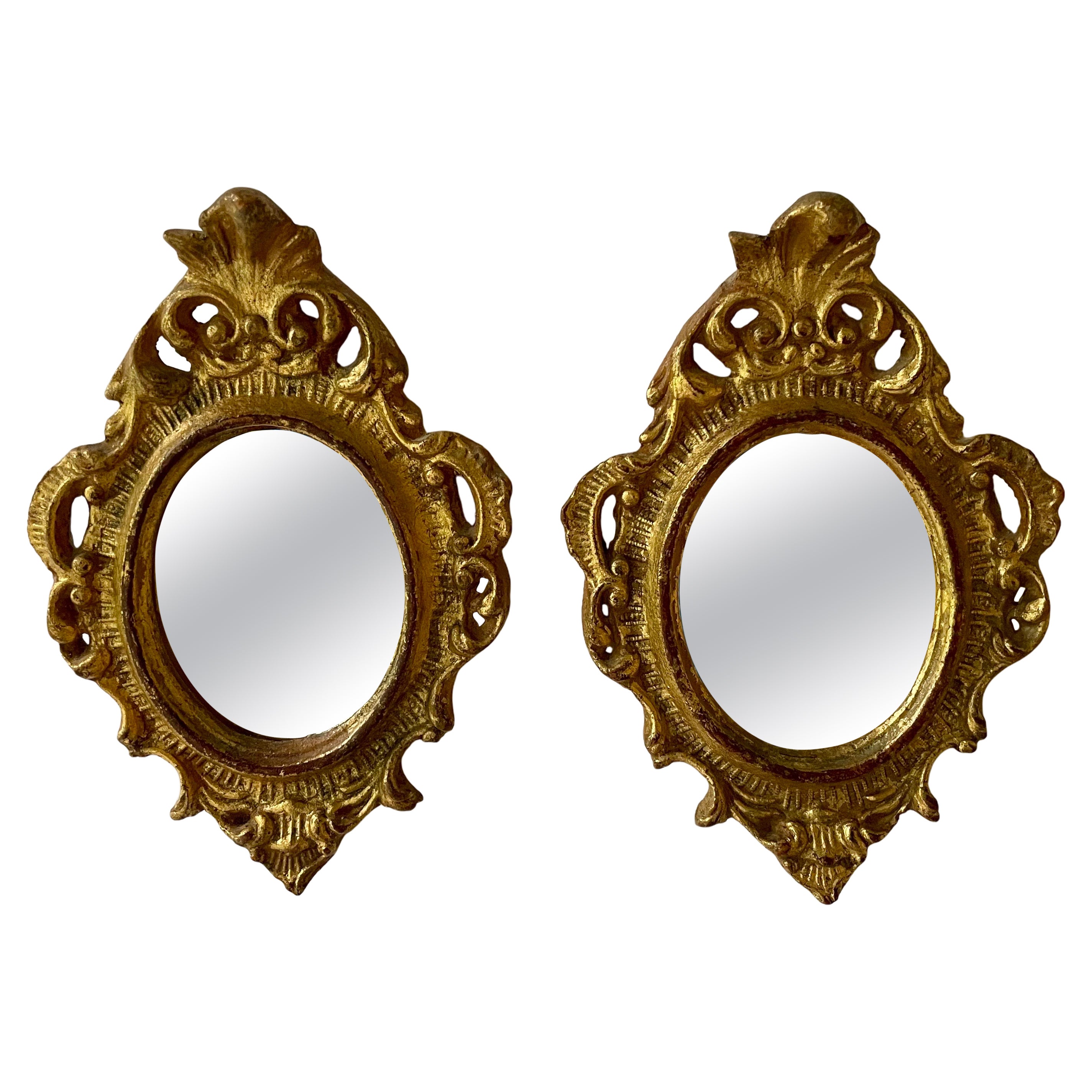 Pareja De Espejos Florentinos Italianos De Madera Dorada Vintage