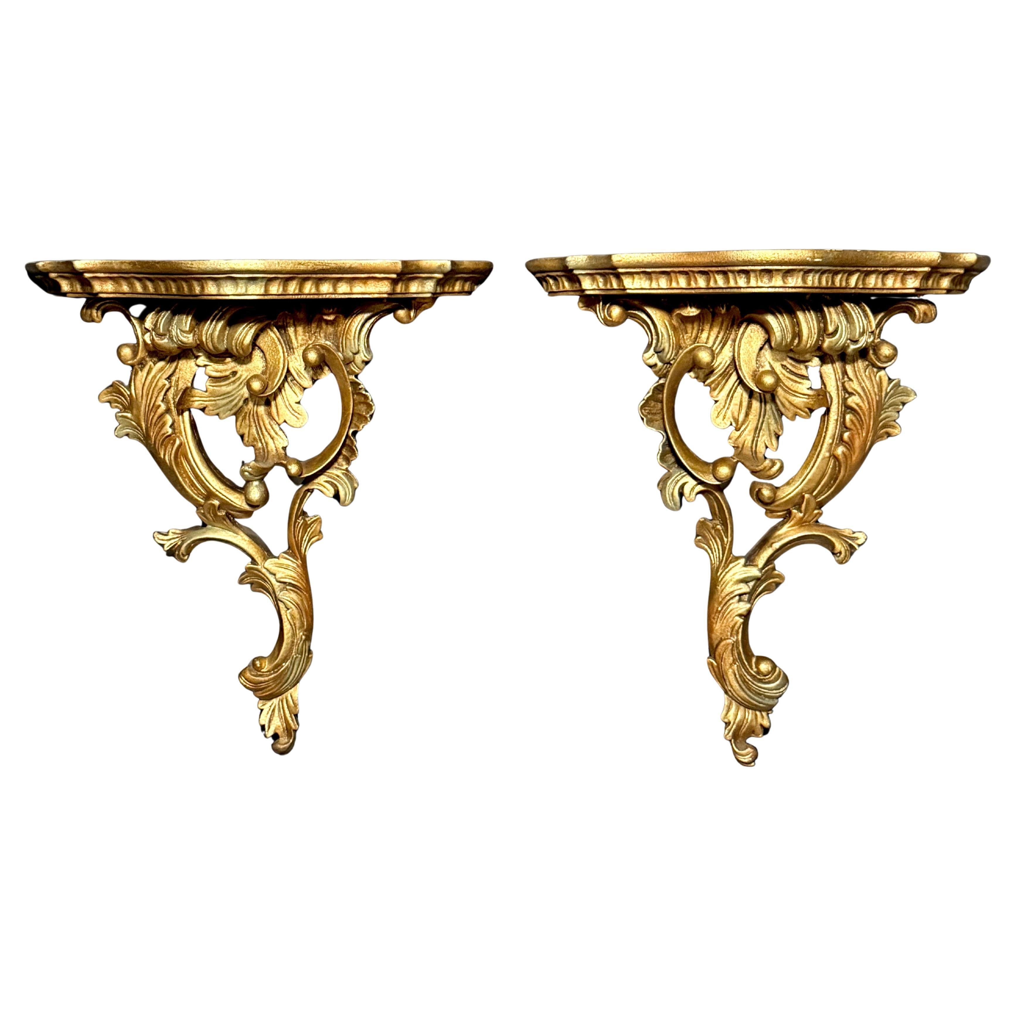 Pair Of Vintage Giltwood Wall Brackets With Rococo Carving