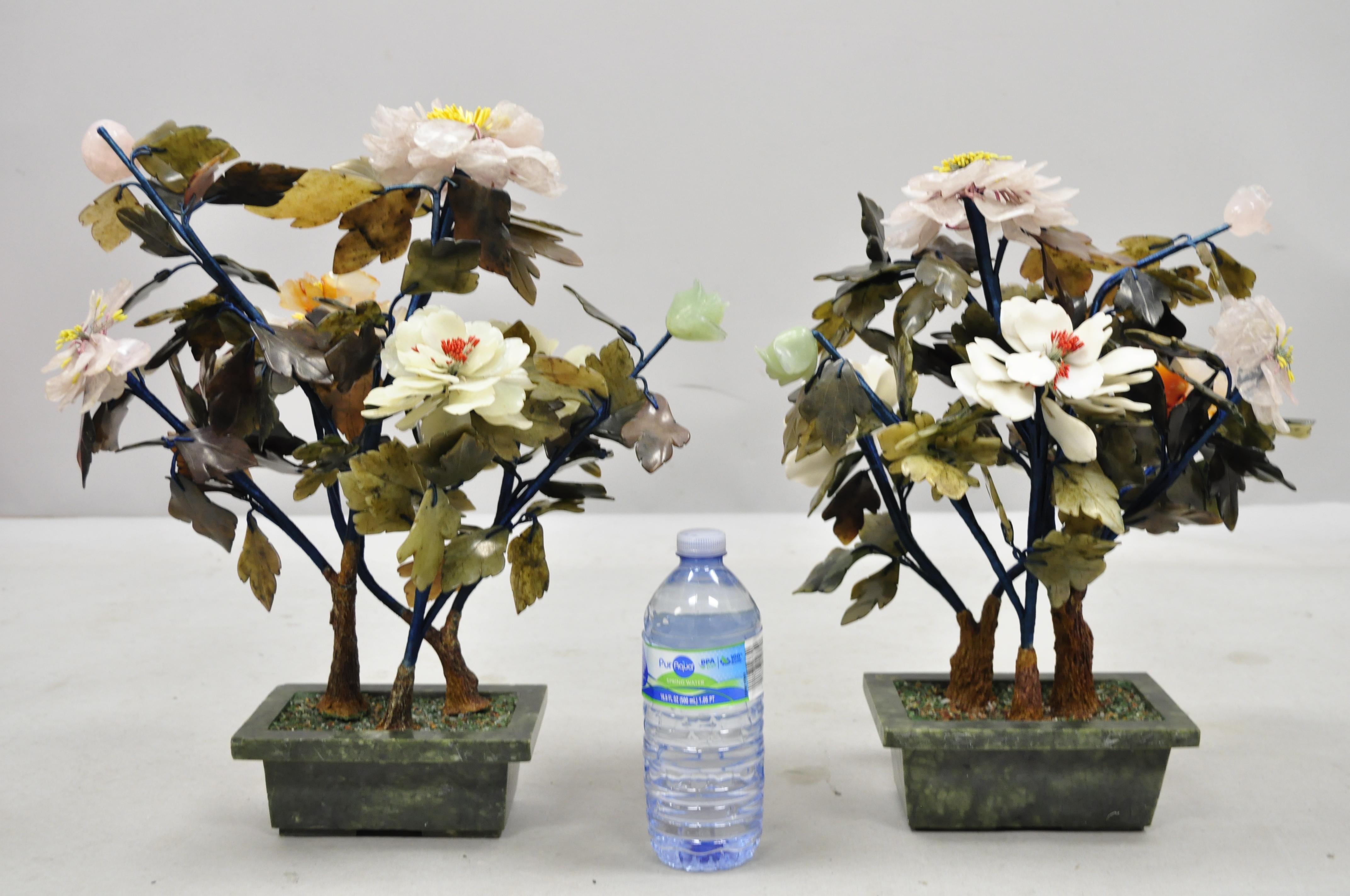 Pair of Vintage Glass and Soapstone Flower Bonsai Tree Centerpiece Sculpture 2