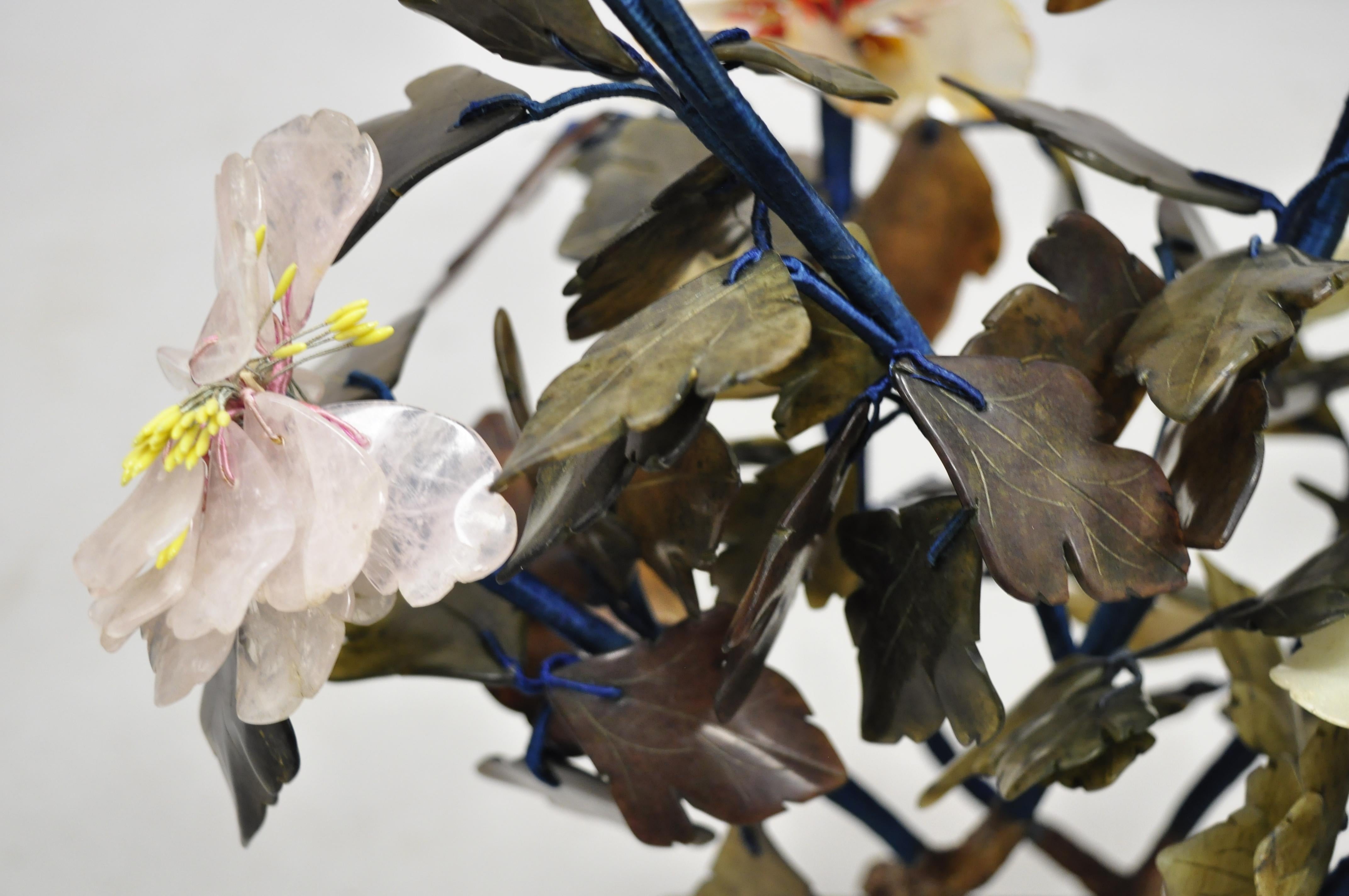 Pair of Vintage Glass and Soapstone Flower Bonsai Tree Centerpiece Sculpture 4