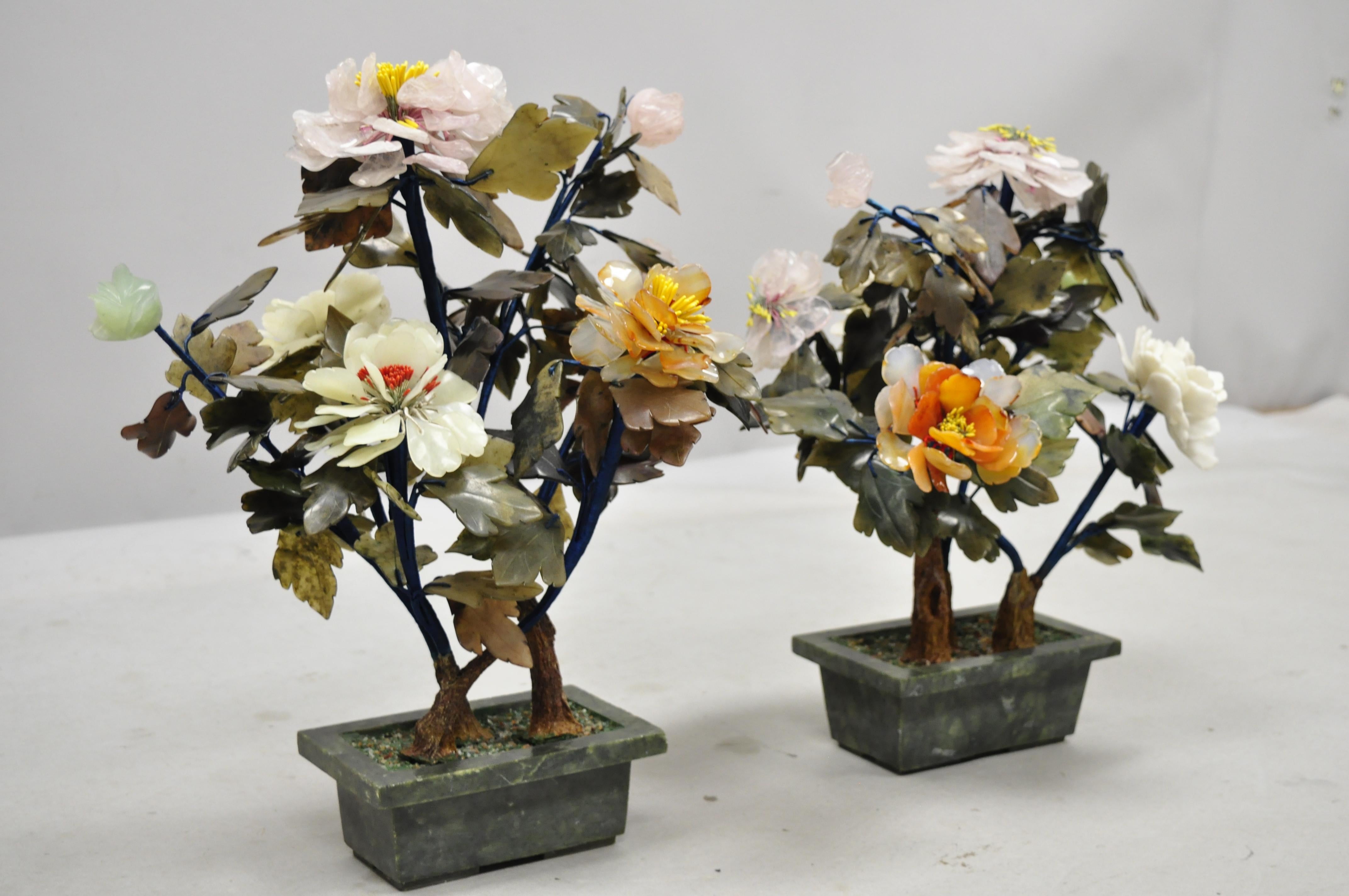 Pair of vintage glass and soapstone flower bonsai tree centerpiece sculpture. Set includes art glass flowers, soapstone flower pots, beautiful color, soapstone leaves, very nice vintage set, circa late 20th century. Measurements: 17.5