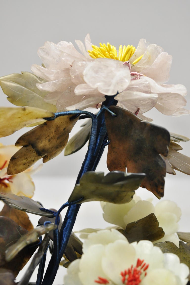 Pair of Vintage Glass and Soapstone Flower Bonsai Tree Centerpiece