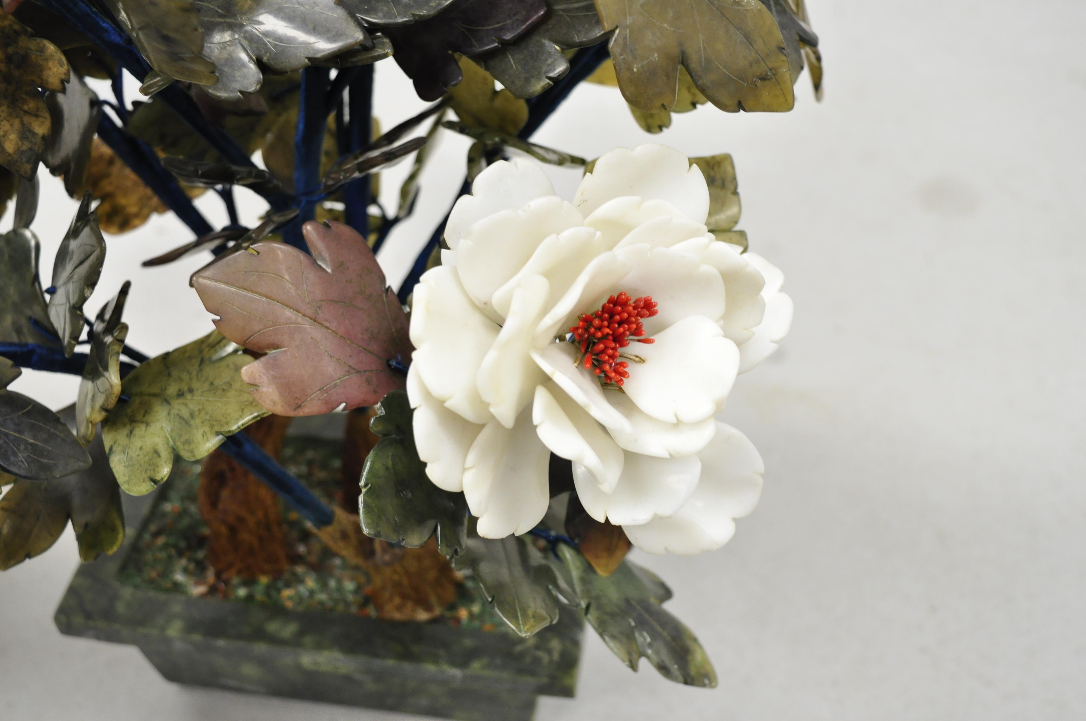 Asian Pair of Vintage Glass and Soapstone Flower Bonsai Tree Centerpiece Sculpture