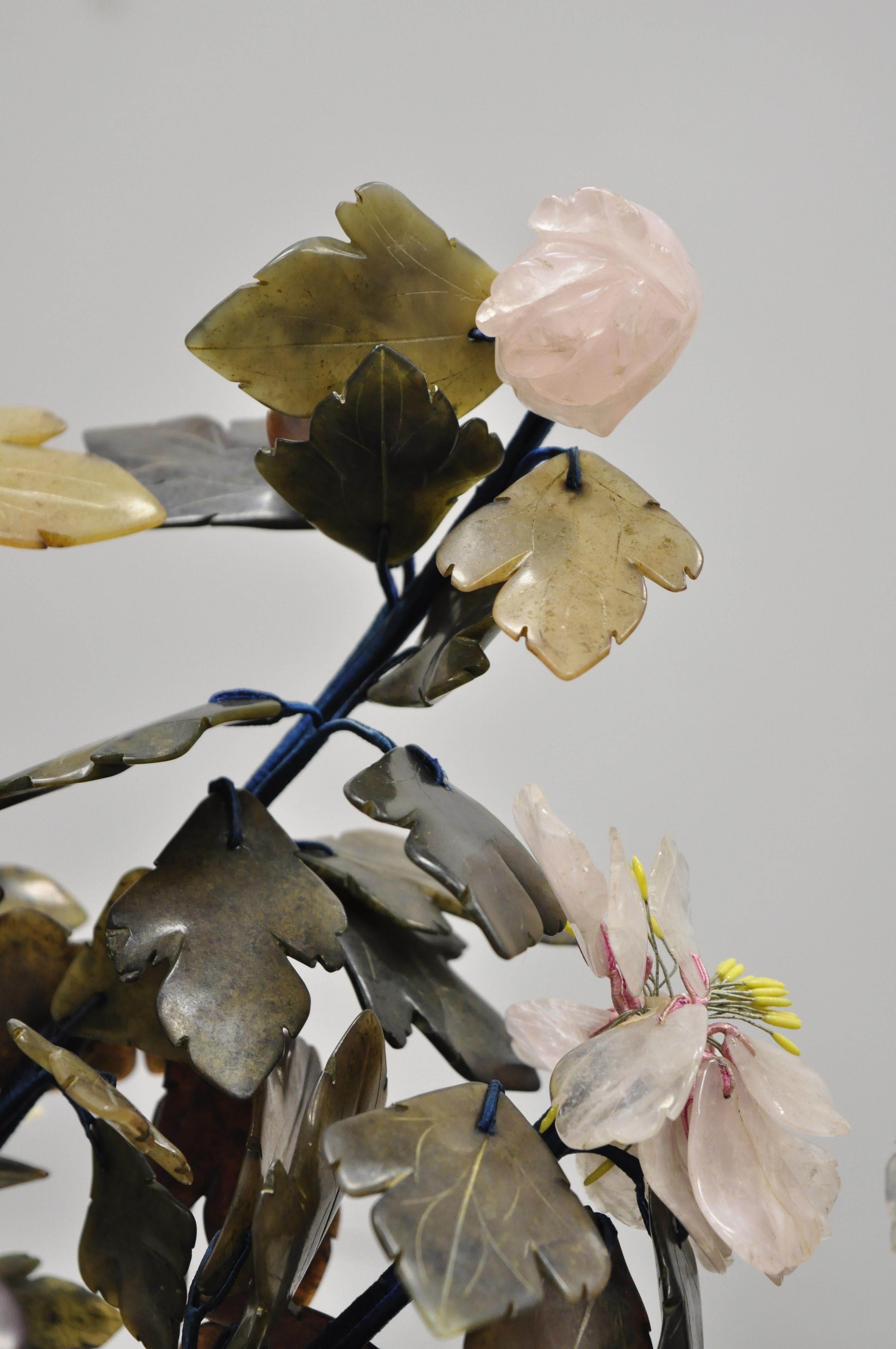 Pair of Vintage Glass and Soapstone Flower Bonsai Tree Centerpiece Sculpture 1
