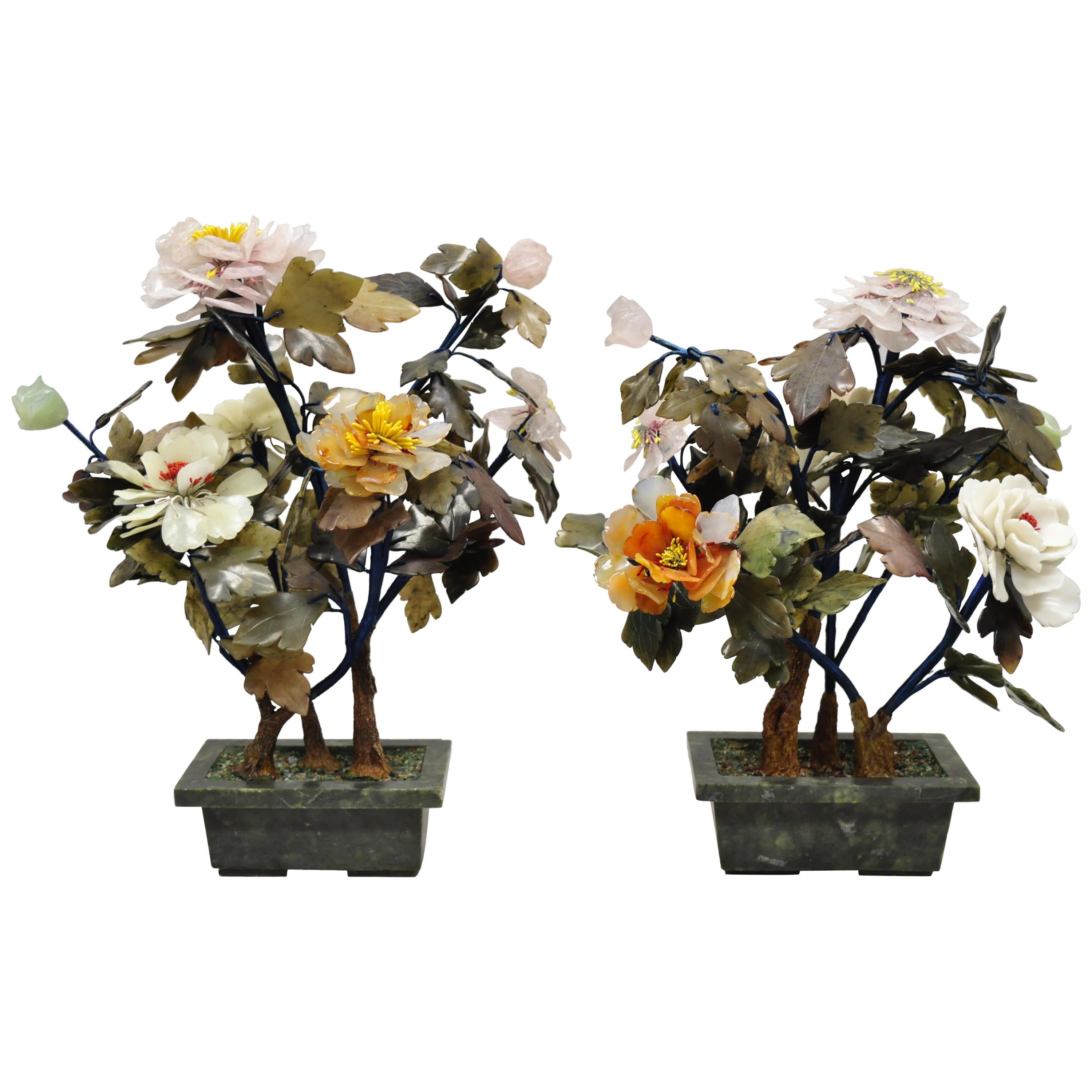Pair of Vintage Glass and Soapstone Flower Bonsai Tree Centerpiece Sculpture