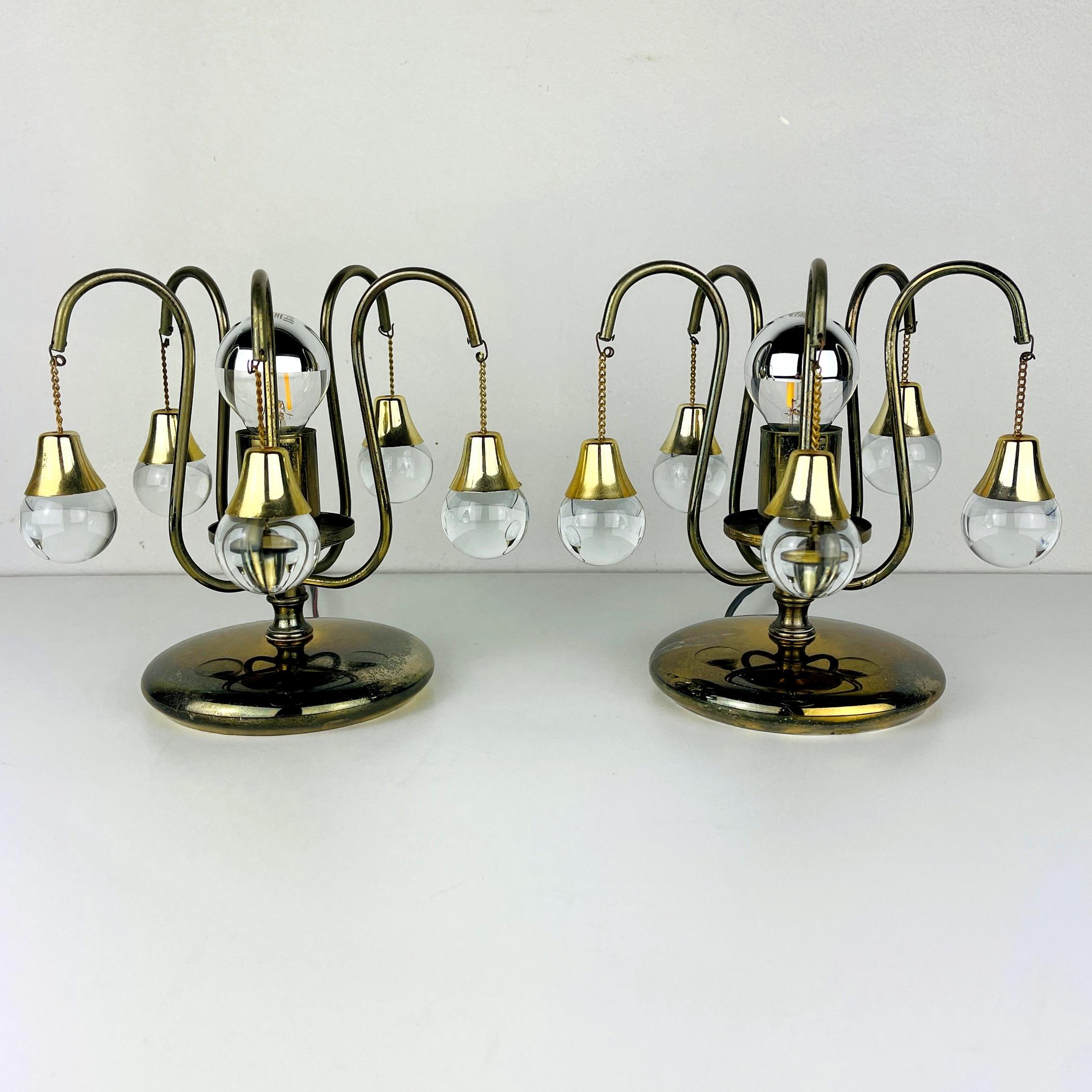 Pair of beautiful table lamps made in Italy in the 1960s. Charming vintage table lamps will decorate your bedroom, nursery, living room. Height: 18 centimetres Width: 20 centimetres Very good vintage condition. The metal has a beautiful natural