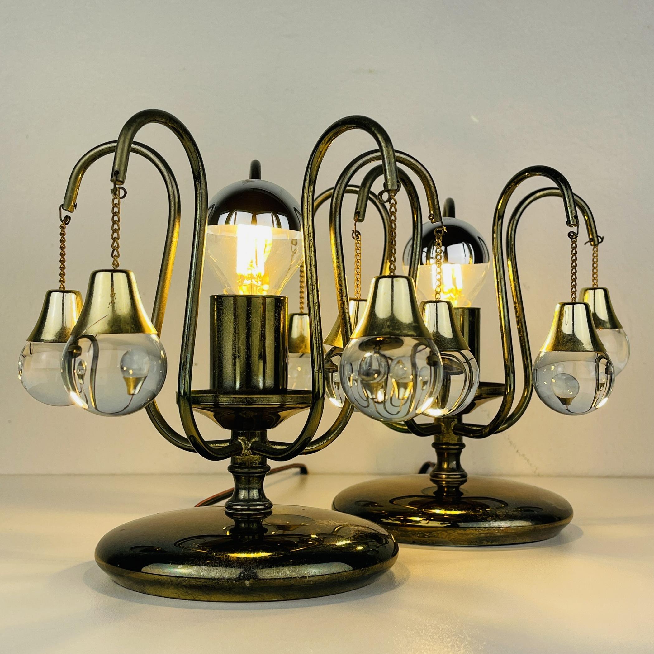 Brass Pair of Vintage Glass Ball Table Lamps, Italy, 1960s  For Sale