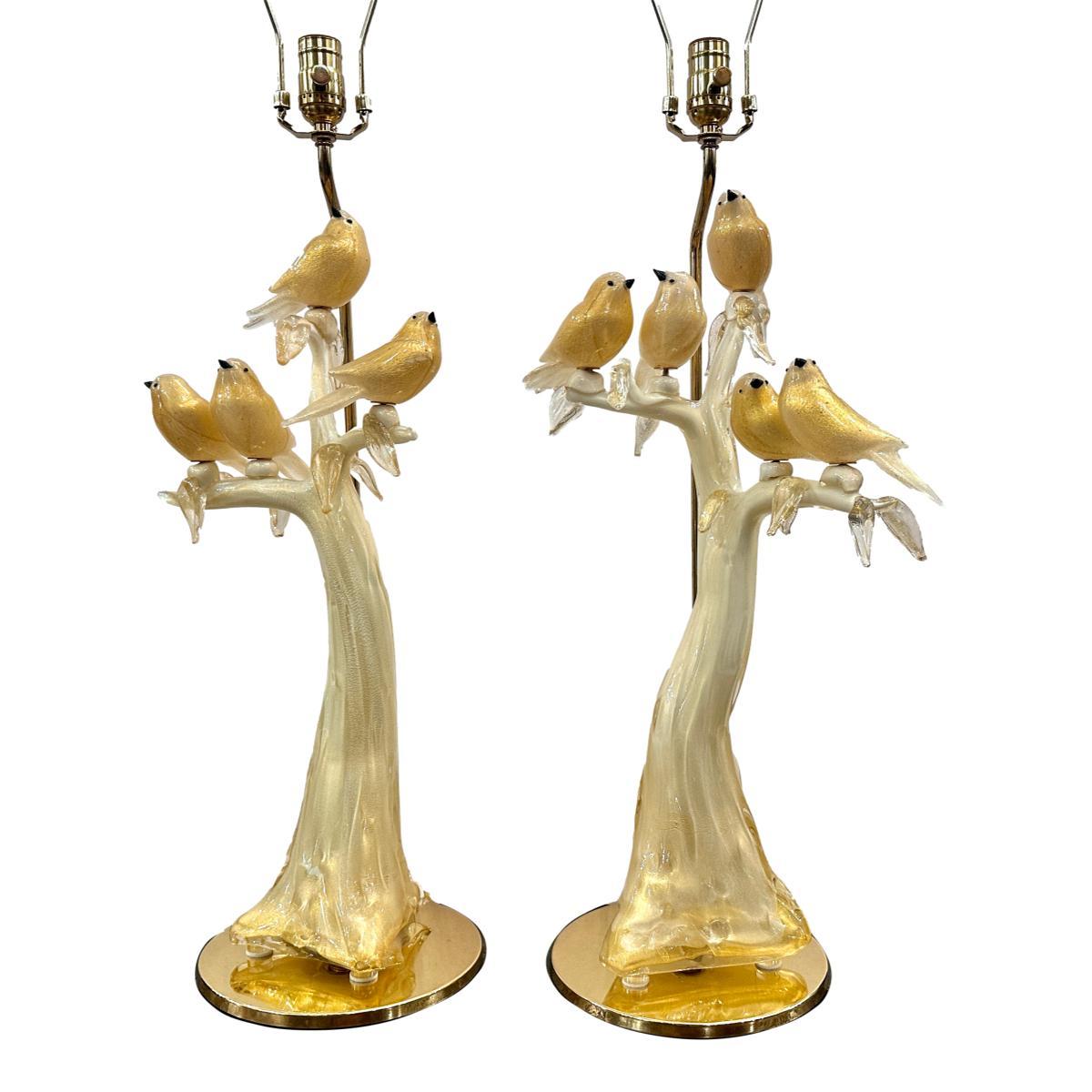 Pair of circa 1960's Italian glass table lamps with birds motif.

Measurements:
Height of body: 25