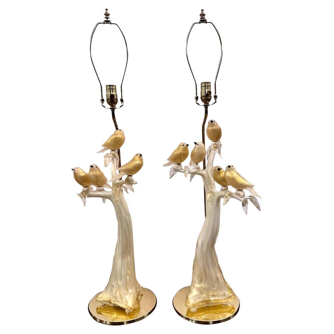 Pair of Vintage Glass Birds Lamps
