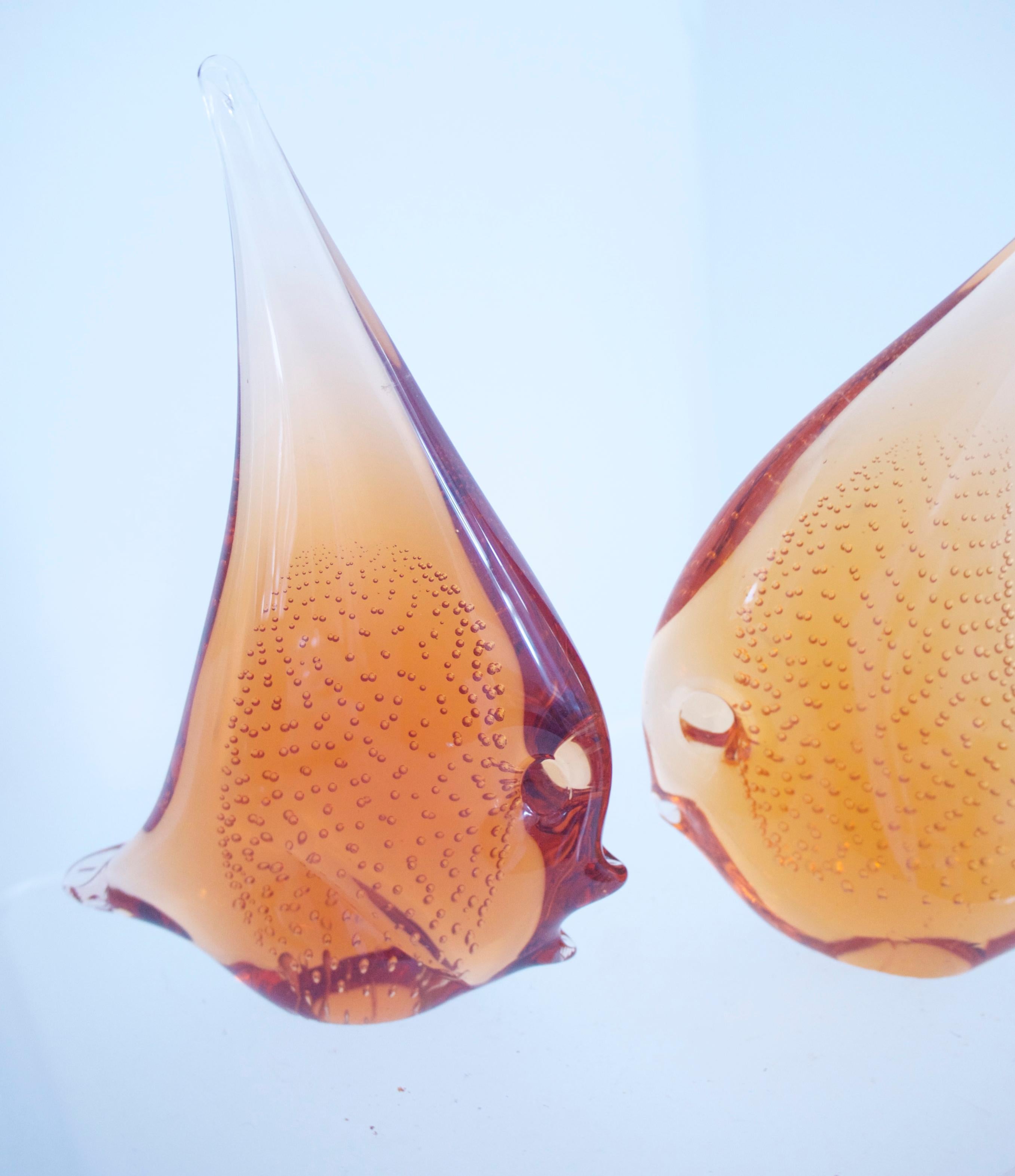Mid-20th Century Pair of Vintage Glass Murano Sommerso Angel Fish Amber Bullicante Seguso For Sale