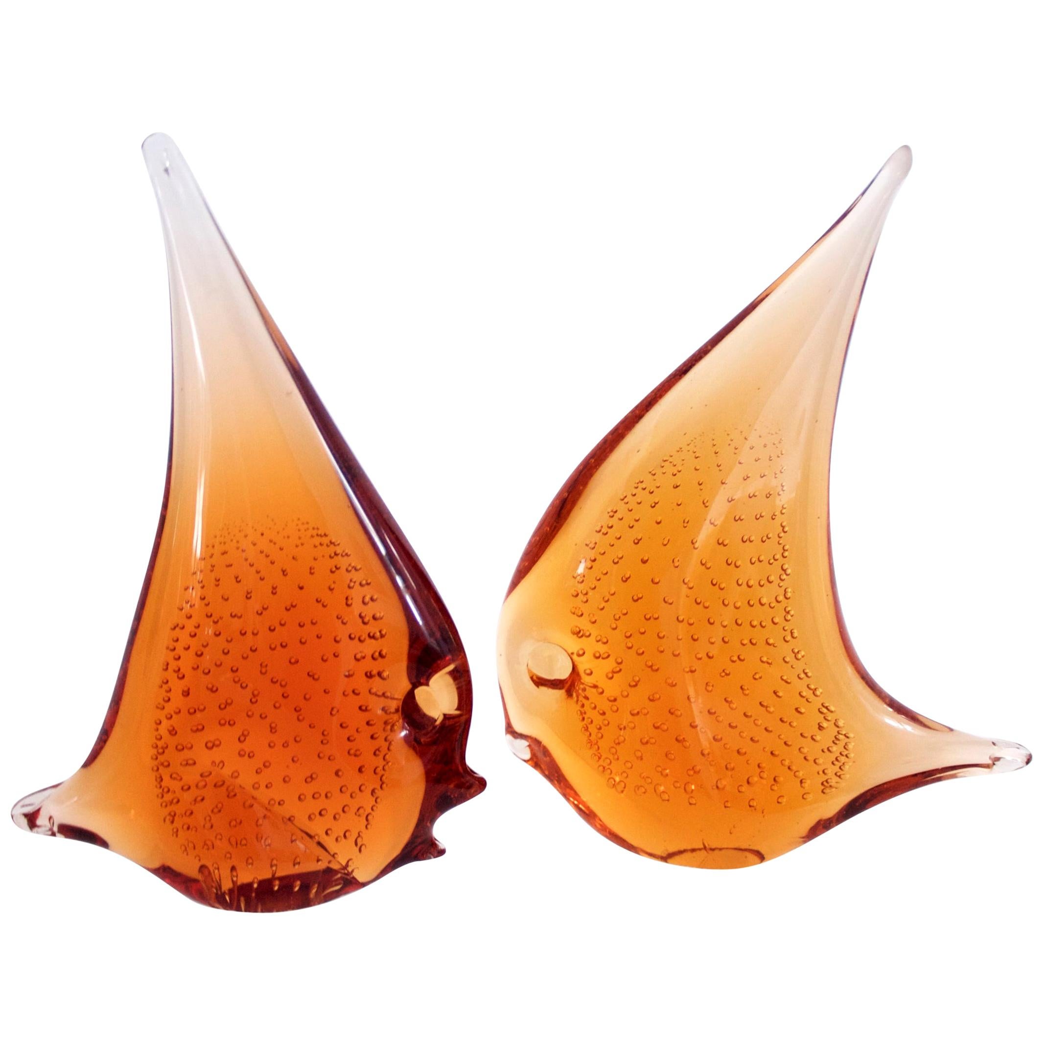 Pair of Vintage Glass Murano Sommerso Angel Fish Amber Bullicante Seguso For Sale