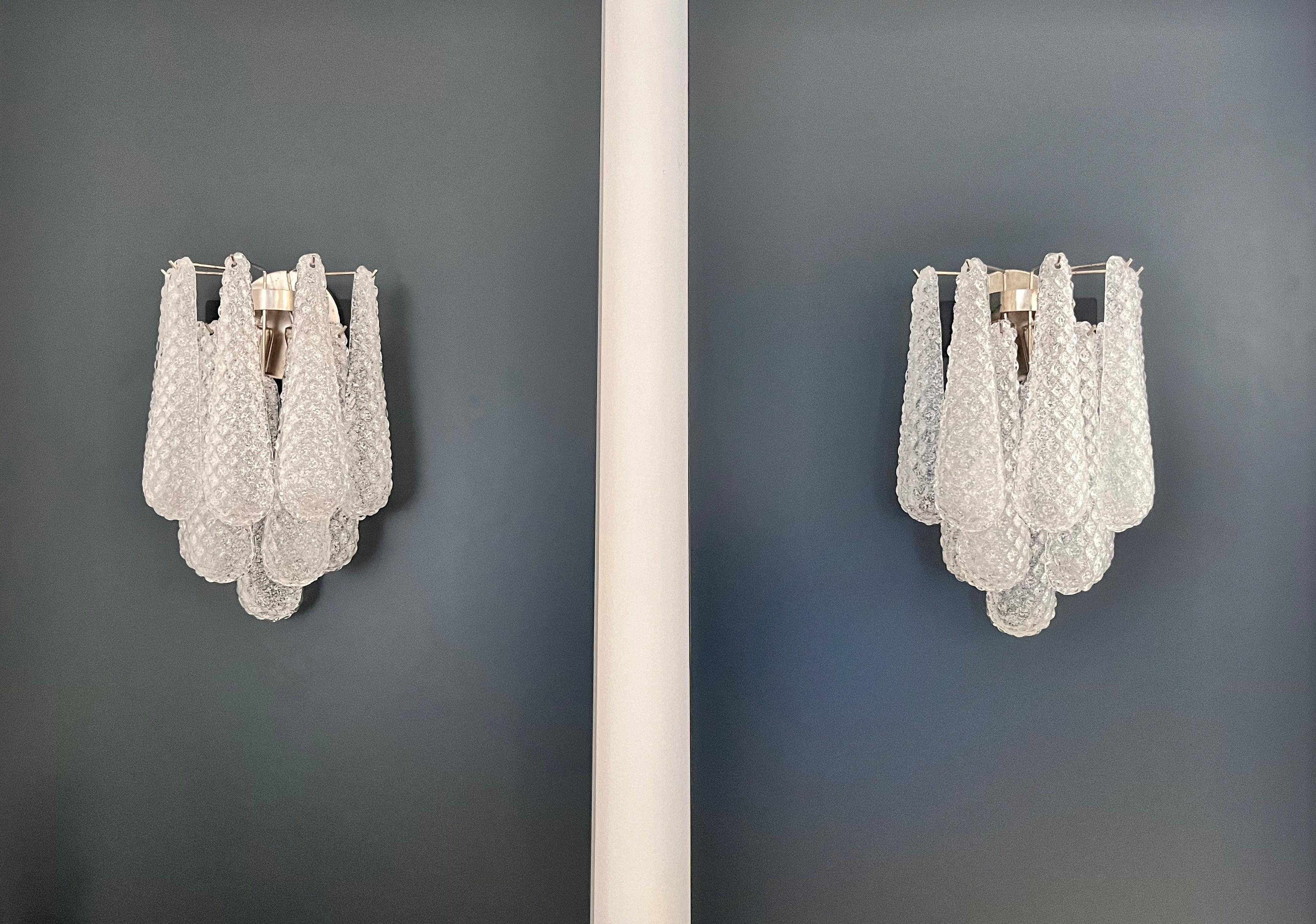 Mid-Century Modern Pair of vintage glass petals drop wall sconces For Sale