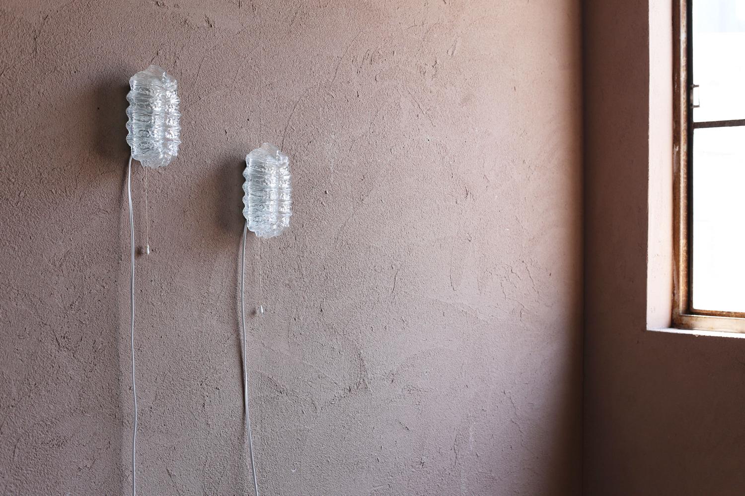 Appliques murales vintage avec un design en forme de feuille. Ensemble de 2.
La lumière qui traverse le verre épais à la surface irrégulière donne une impression de réalisme.
Les lampes sont équipées d'un interrupteur à cordon qui permet de les