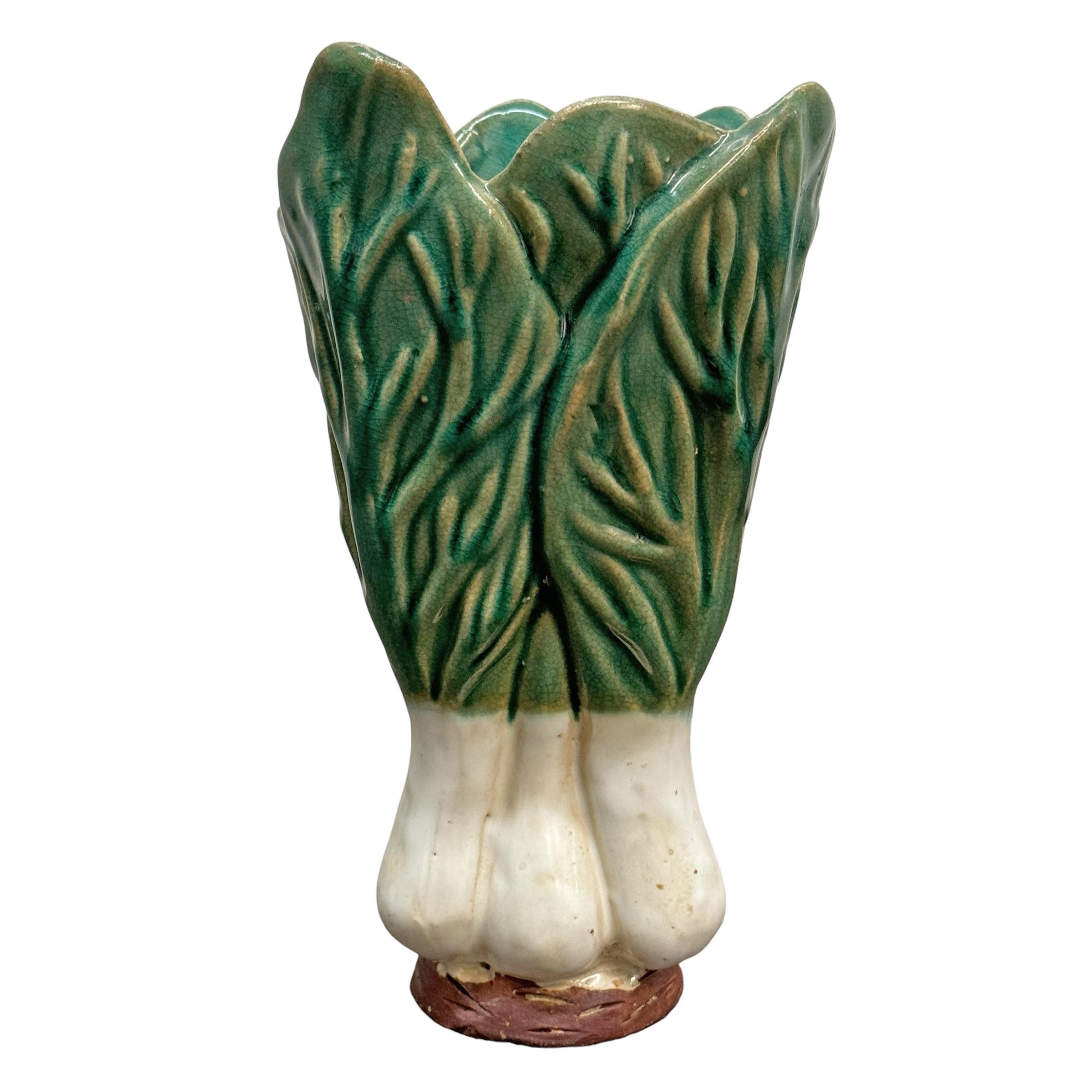 Pair of Vintage Glazed Ceramic Bok Choy Vases In Good Condition In Chicago, IL