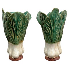 Pair of Vintage Glazed Ceramic Bok Choy Vases