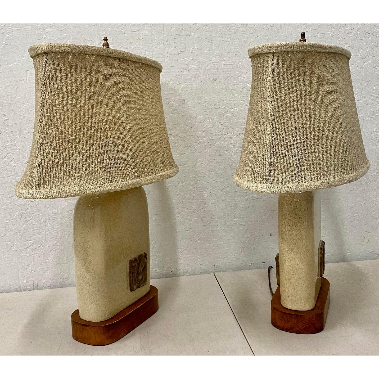 Mid-Century Modern Pair of Vintage Glazed Ceramic Lamps with Mayan Inspired Ceramic Medallions