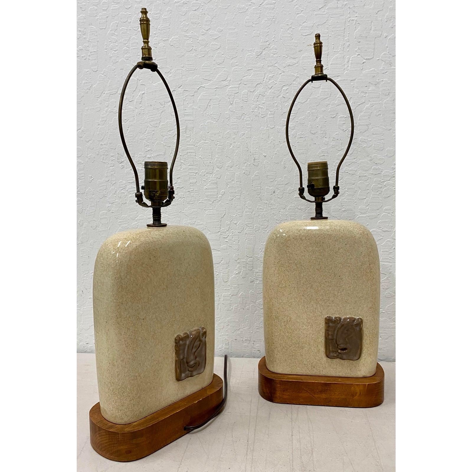 American Pair of Vintage Glazed Ceramic Lamps with Mayan Inspired Ceramic Medallions